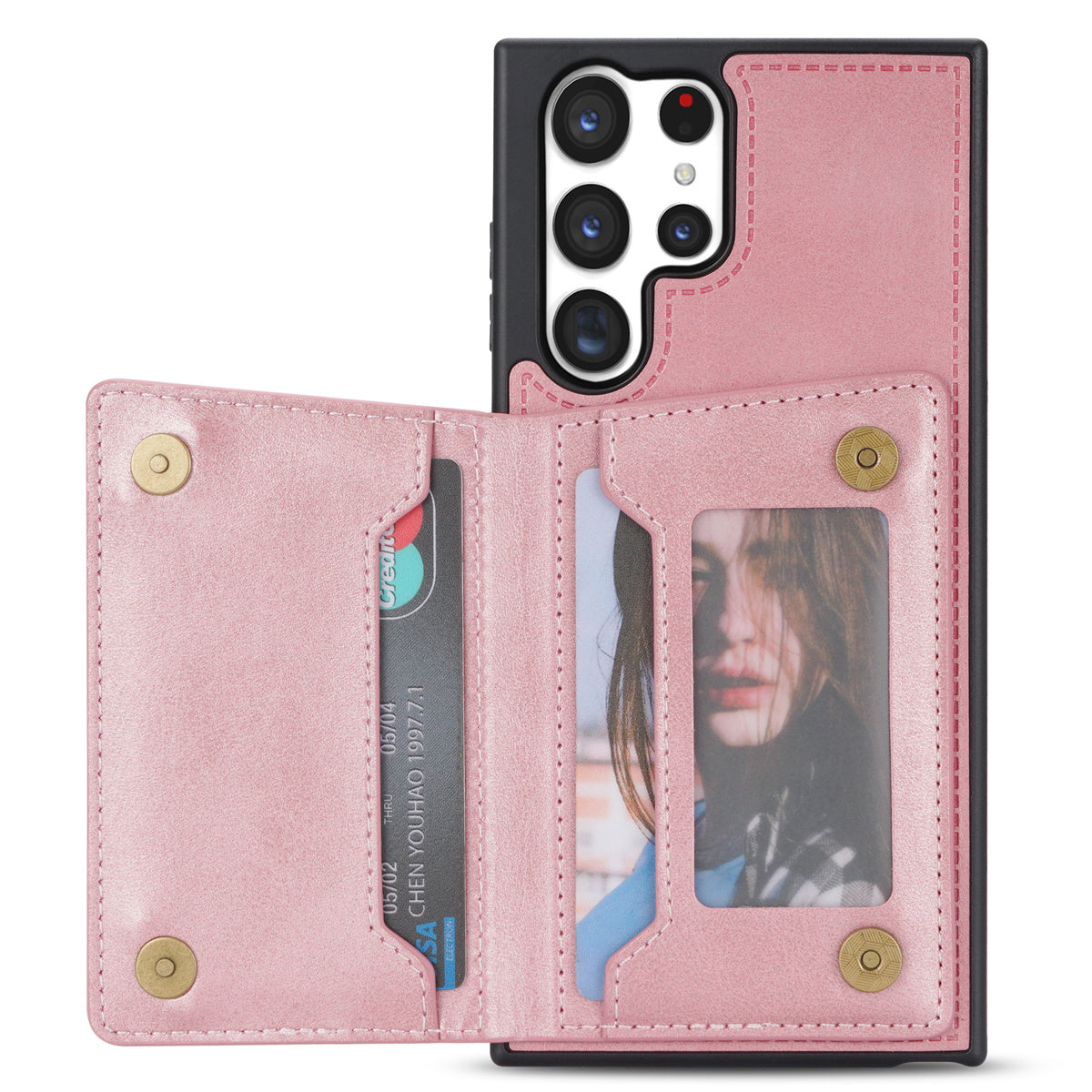For Samsung Galaxy S24 Ultra Magnetic Phone Case PU Leather Coated TPU Wallet Cover - Rose Gold