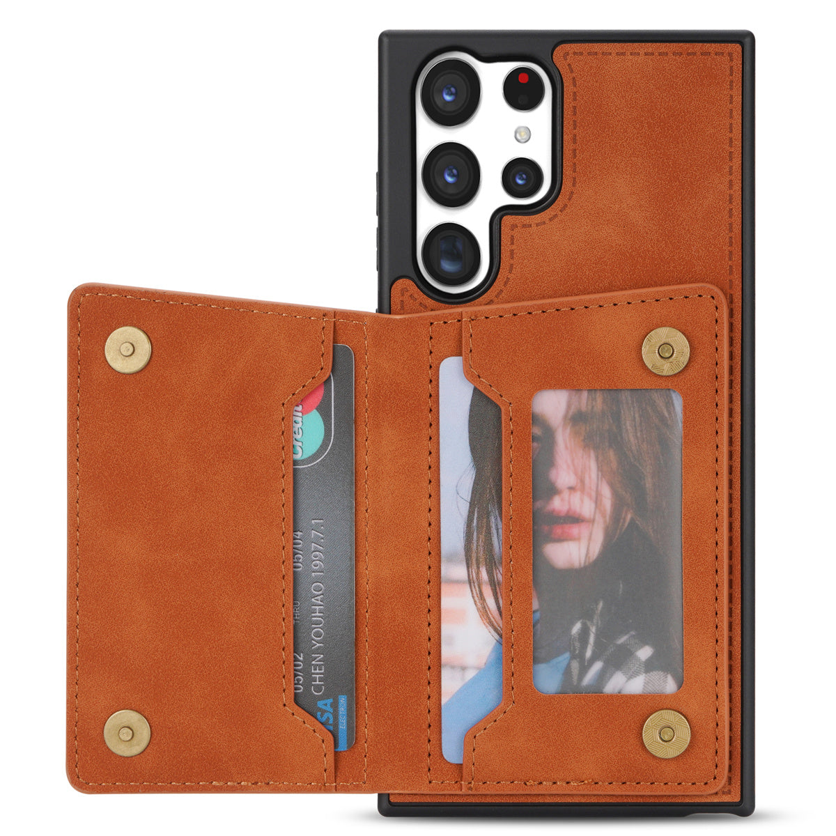 For Samsung Galaxy S24 Ultra Magnetic Phone Case PU Leather Coated TPU Wallet Cover - Orange
