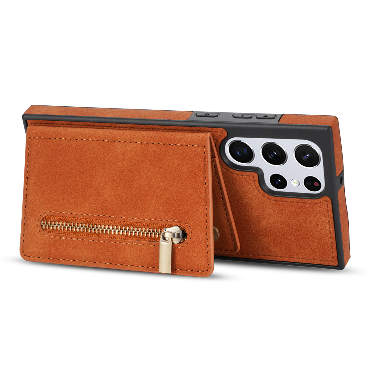 For Samsung Galaxy S24 Ultra Magnetic Phone Case PU Leather Coated TPU Wallet Cover - Orange