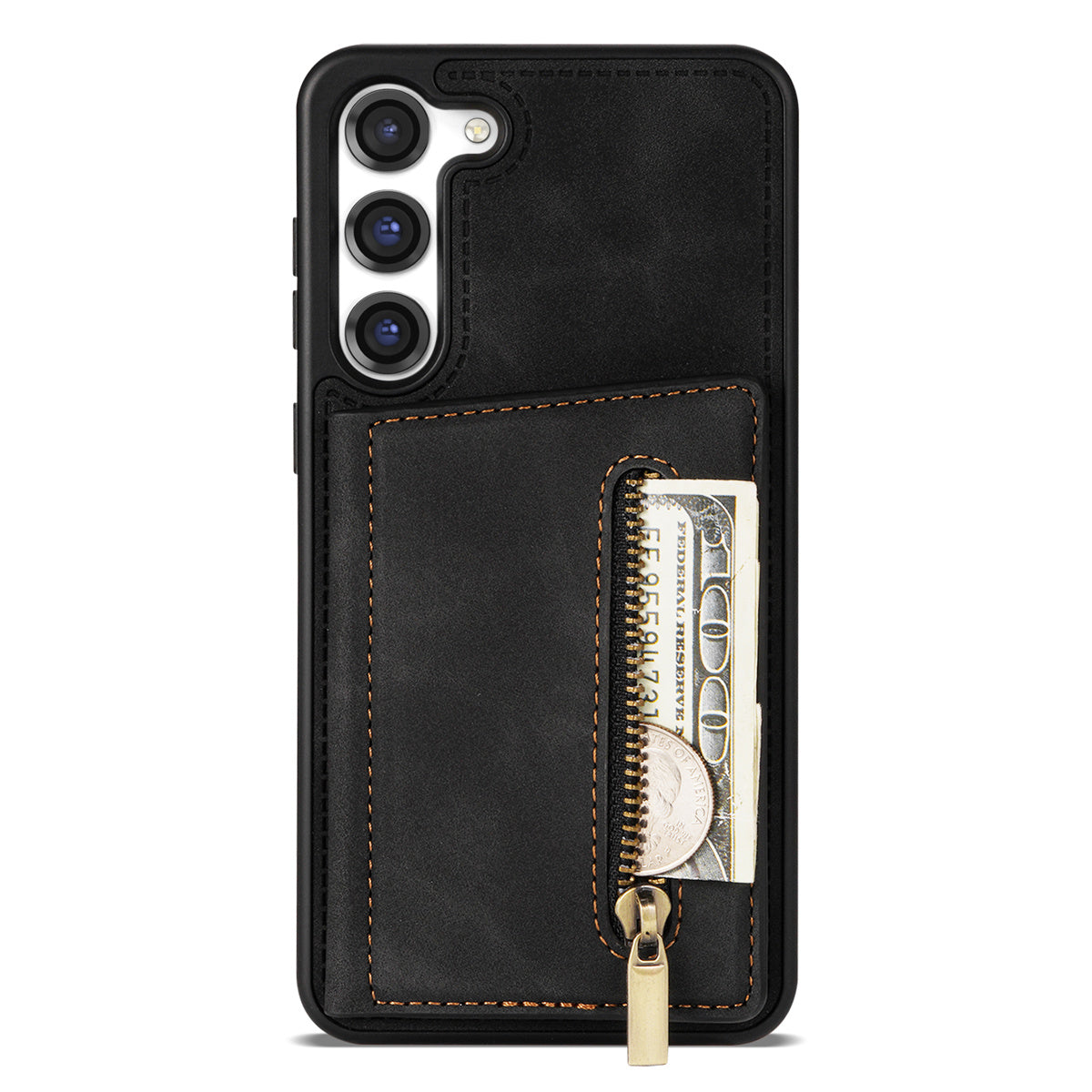 For Samsung Galaxy S24 Magnetic Case Zipper Pocket Wallet Kickstand Phone Guard Cover - Black