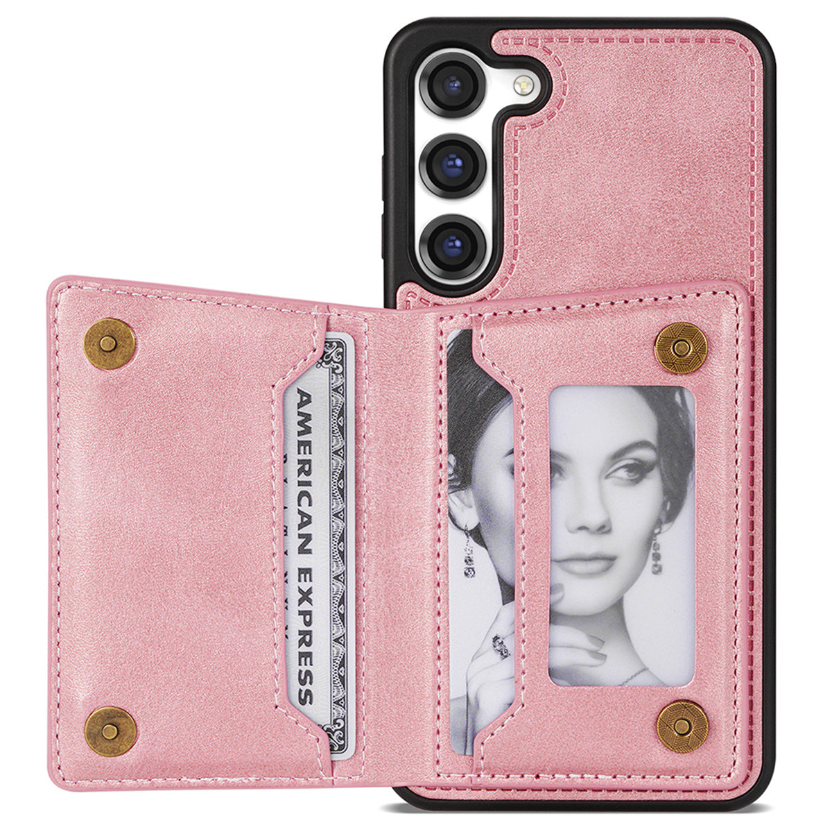 For Samsung Galaxy S24 Magnetic Case Zipper Pocket Wallet Kickstand Phone Guard Cover - Rose Gold