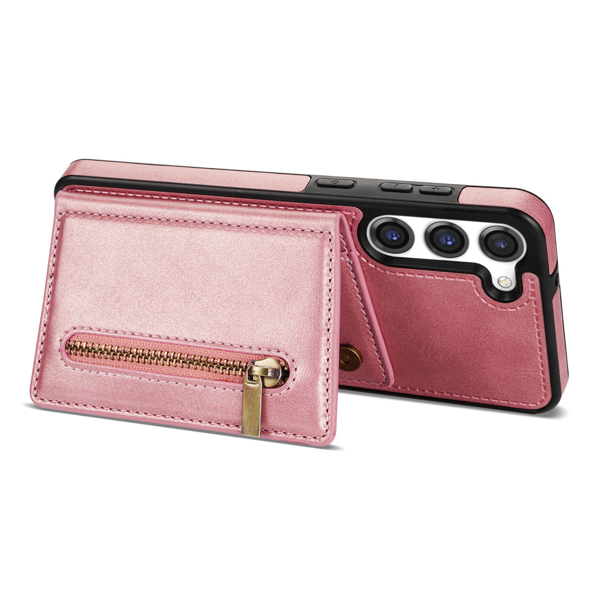 For Samsung Galaxy S24 Magnetic Case Zipper Pocket Wallet Kickstand Phone Guard Cover - Rose Gold