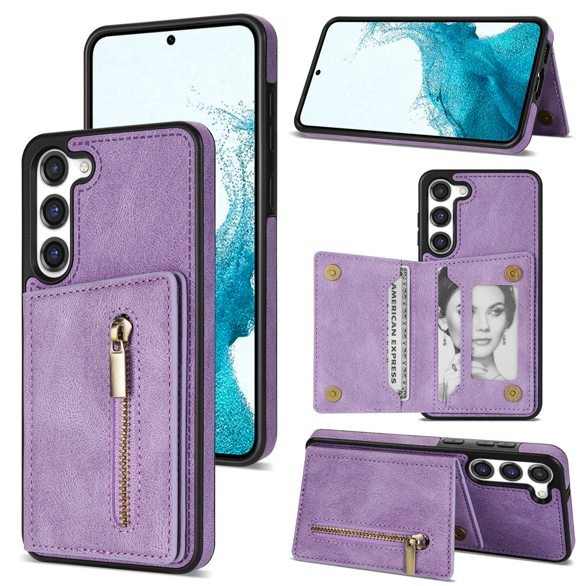 For Samsung Galaxy S24 Magnetic Case Zipper Pocket Wallet Kickstand Phone Guard Cover - Purple