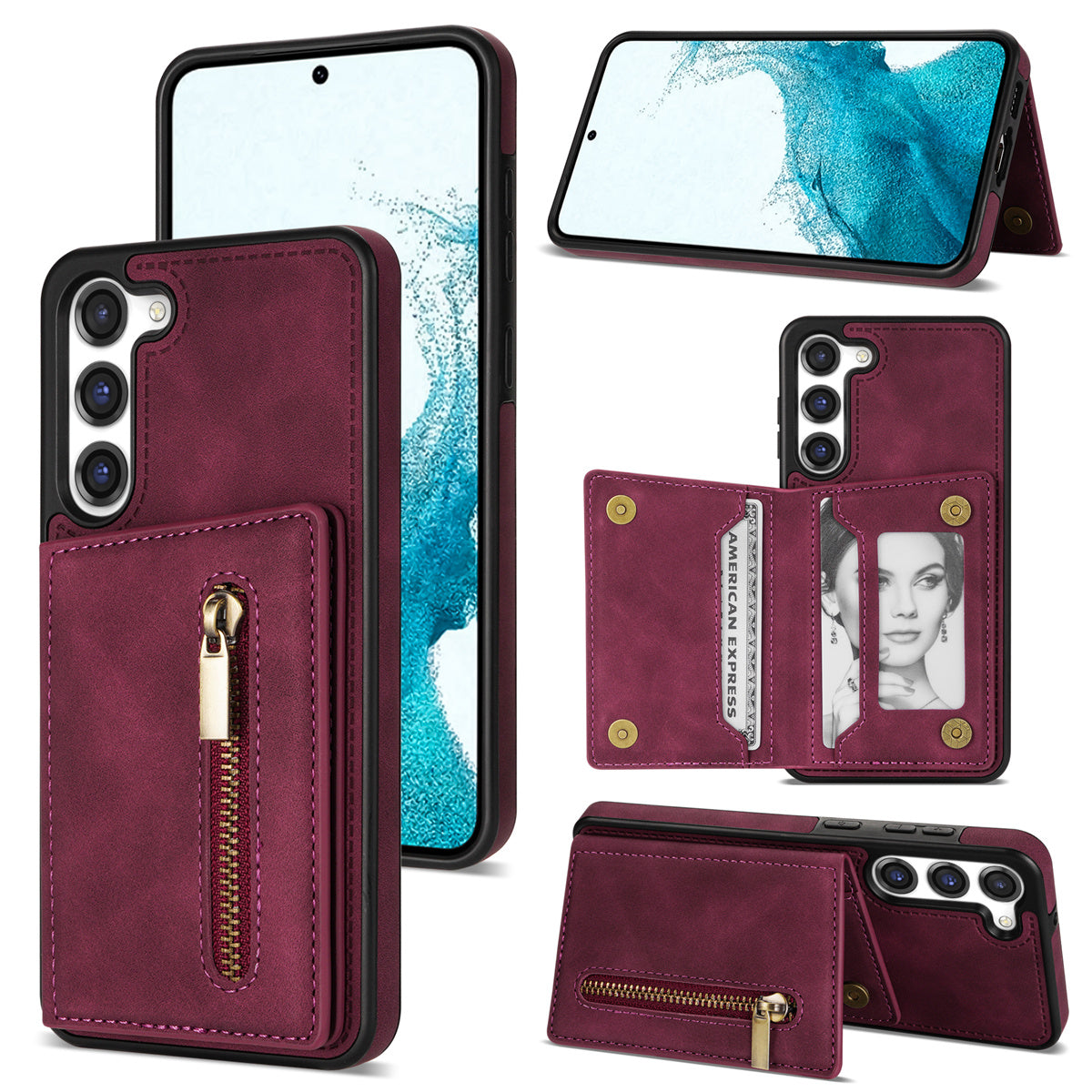 For Samsung Galaxy S24 Magnetic Case Zipper Pocket Wallet Kickstand Phone Guard Cover - Wine Red