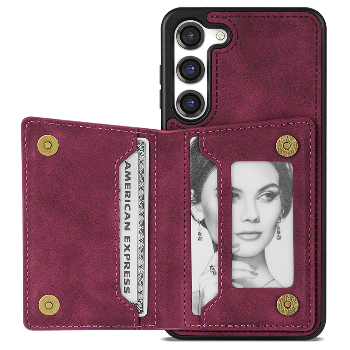 For Samsung Galaxy S24 Magnetic Case Zipper Pocket Wallet Kickstand Phone Guard Cover - Wine Red