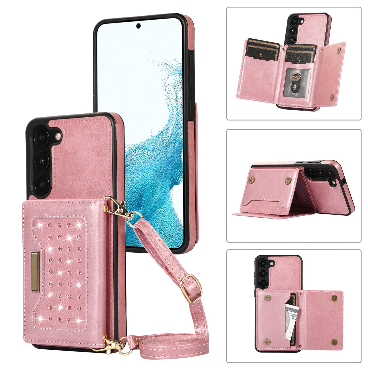For Samsung Galaxy S24 Kickstand Case RFID Blocking Wallet Phone Cover - Rose Gold