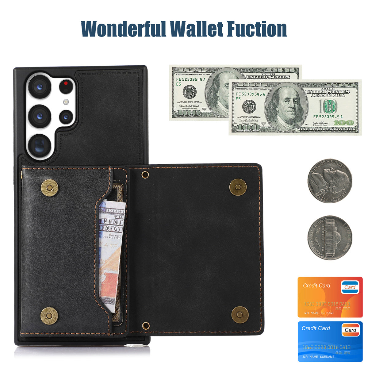 For Samsung Galaxy S24 Ultra Case Rhinestone Phone Cover with Wallet RFID Blocking - Black
