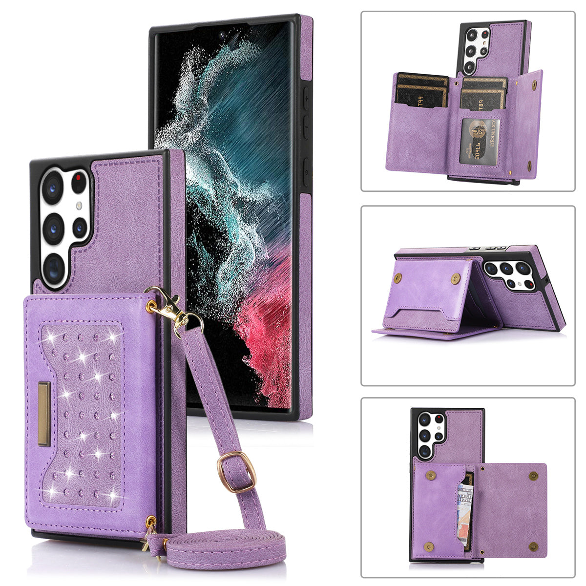 For Samsung Galaxy S24 Ultra Case Rhinestone Phone Cover with Wallet RFID Blocking - Purple