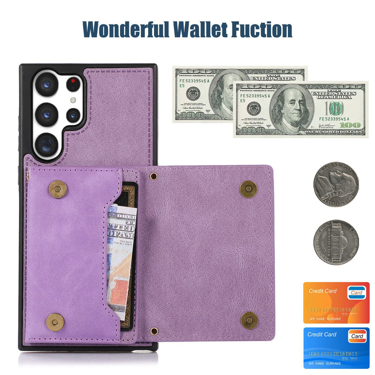 For Samsung Galaxy S24 Ultra Case Rhinestone Phone Cover with Wallet RFID Blocking - Purple