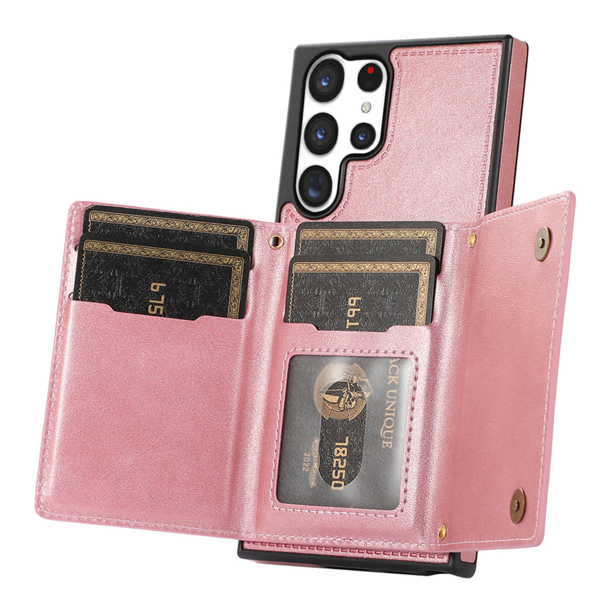 For Samsung Galaxy S24 Ultra Case Rhinestone Phone Cover with Wallet RFID Blocking - Rose Gold