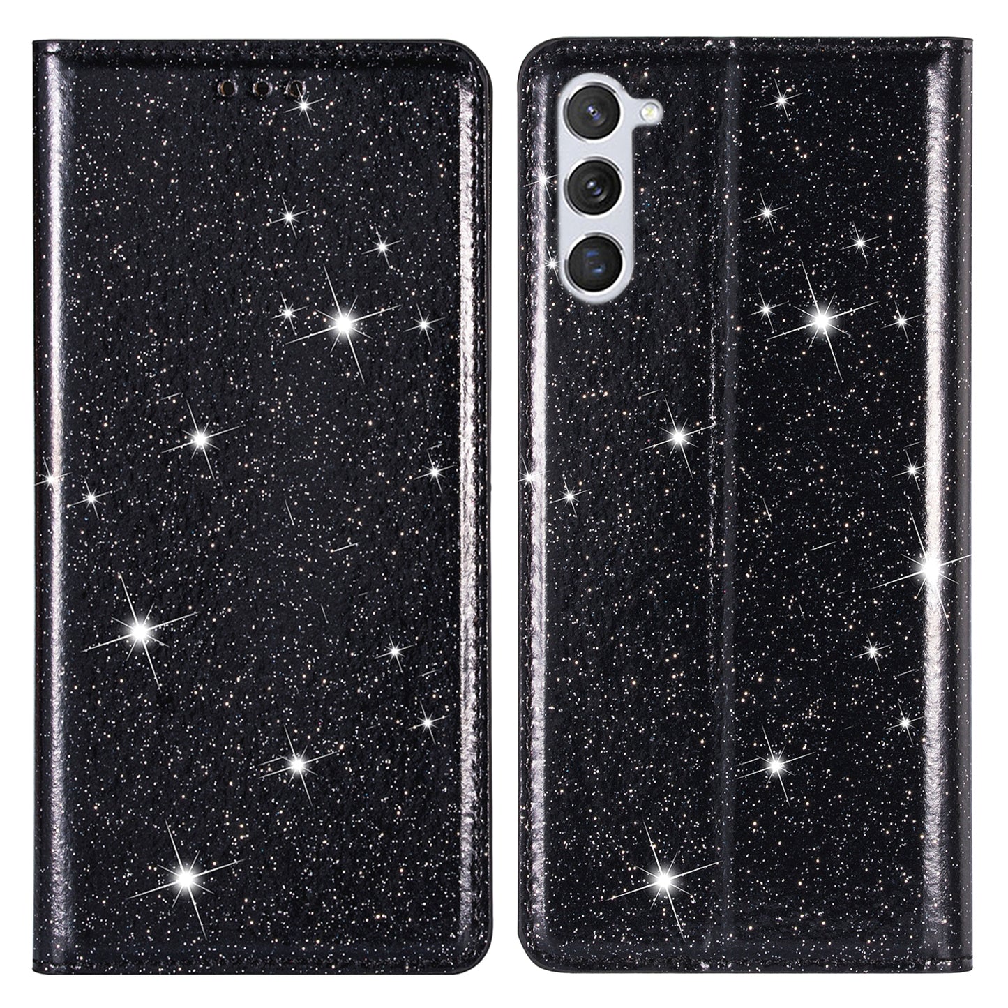 For Samsung Galaxy S24+ Case Card Holder Glittery Leather Stand Cover - Black