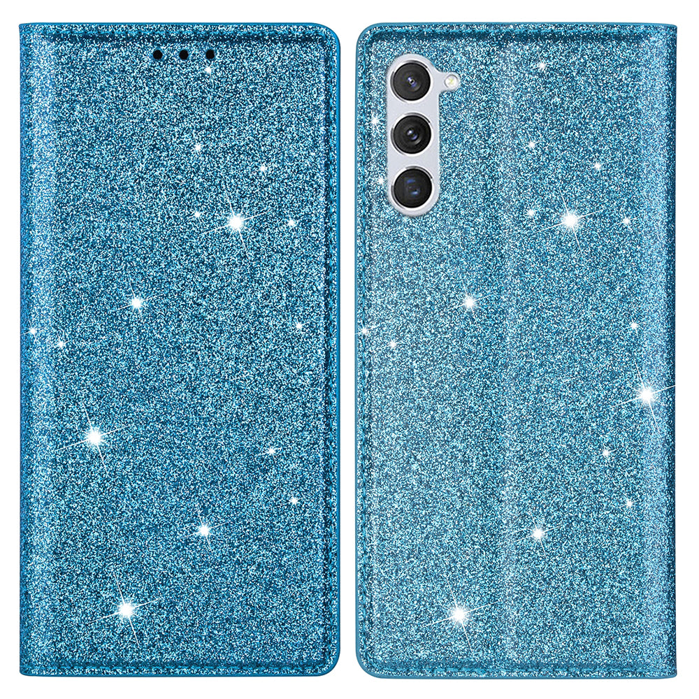 For Samsung Galaxy S24+ Case Card Holder Glittery Leather Stand Cover - Blue