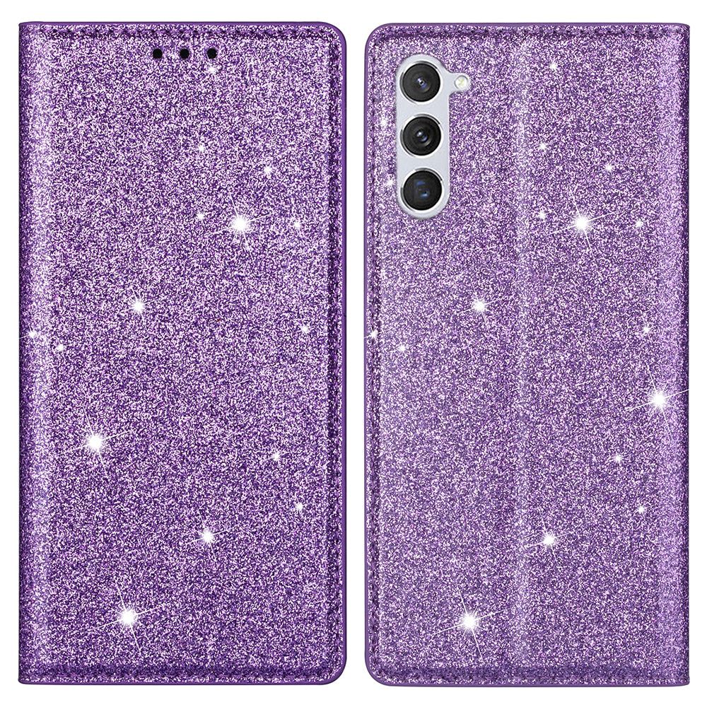 For Samsung Galaxy S24+ Case Card Holder Glittery Leather Stand Cover - Purple