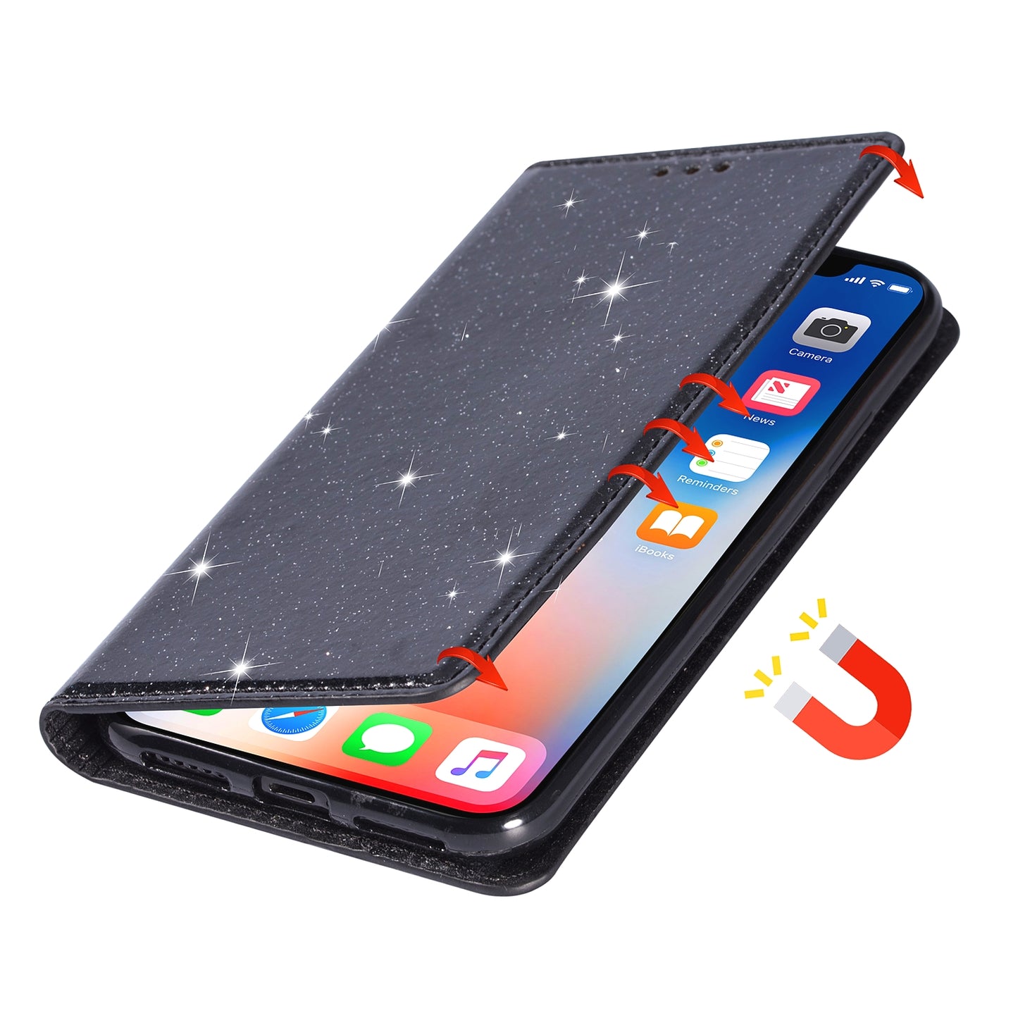 For Samsung Galaxy S24 Leather Case Card Holder Glitter Phone Cover - Black