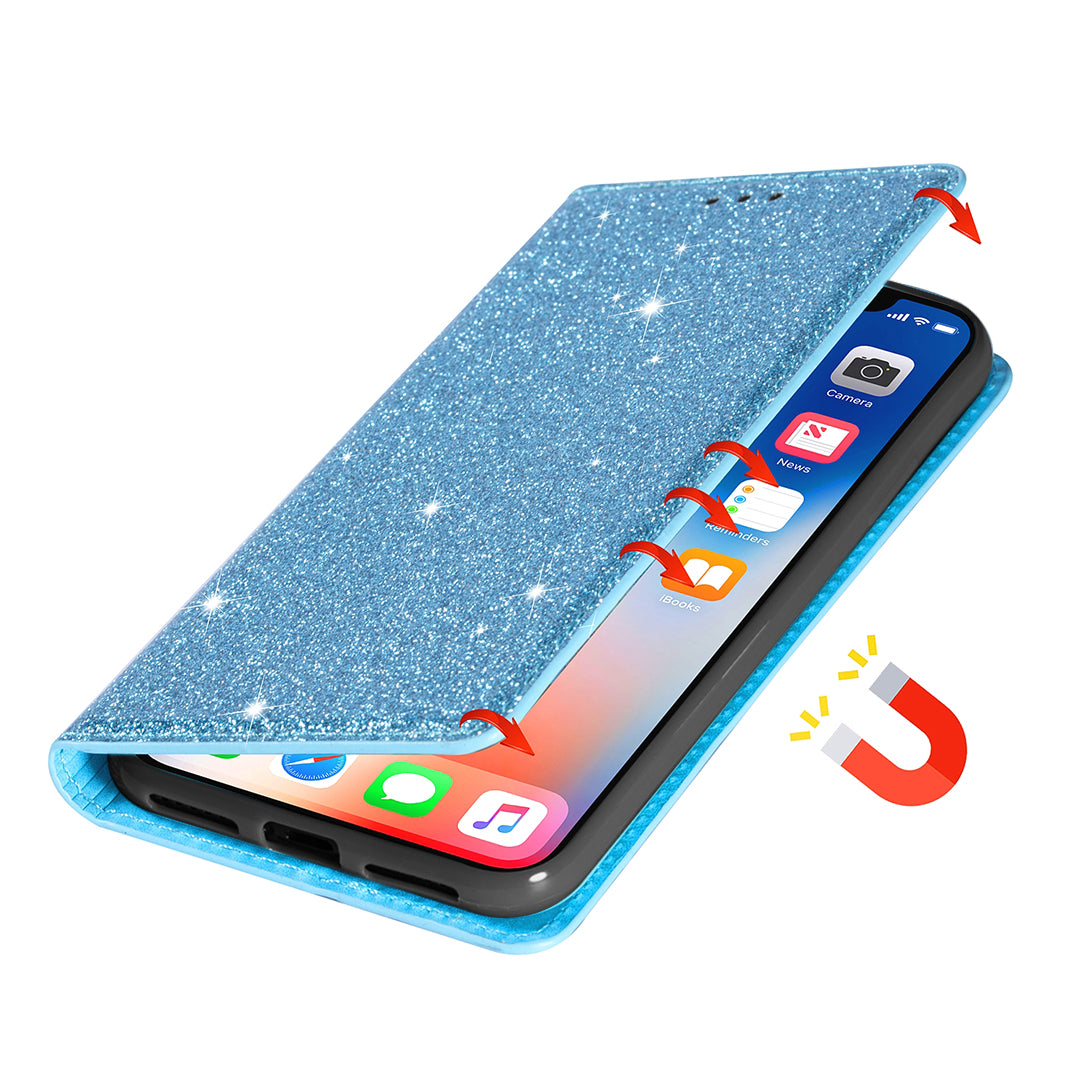 For Samsung Galaxy S24 Leather Case Card Holder Glitter Phone Cover - Blue
