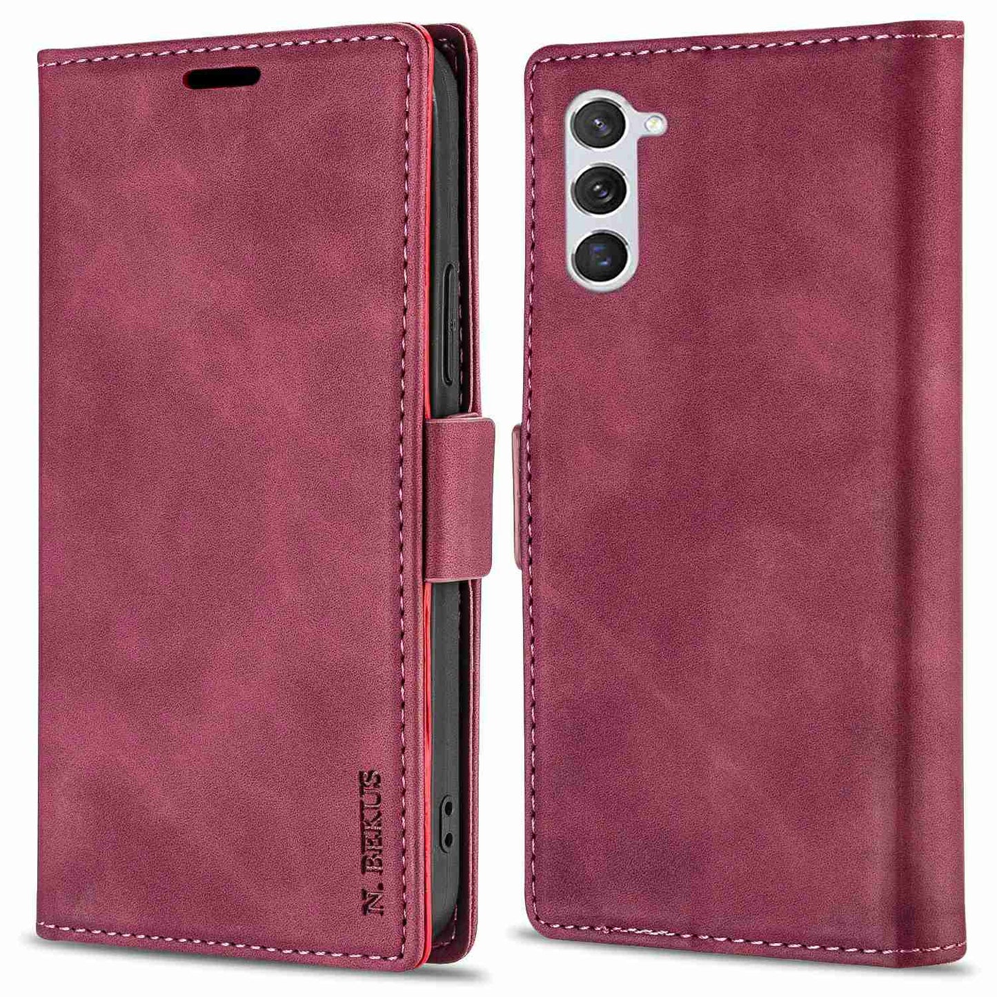 N.BEKUS For Samsung Galaxy S24 Case Skin-touch PU Leather Stand Cover - Wine Red