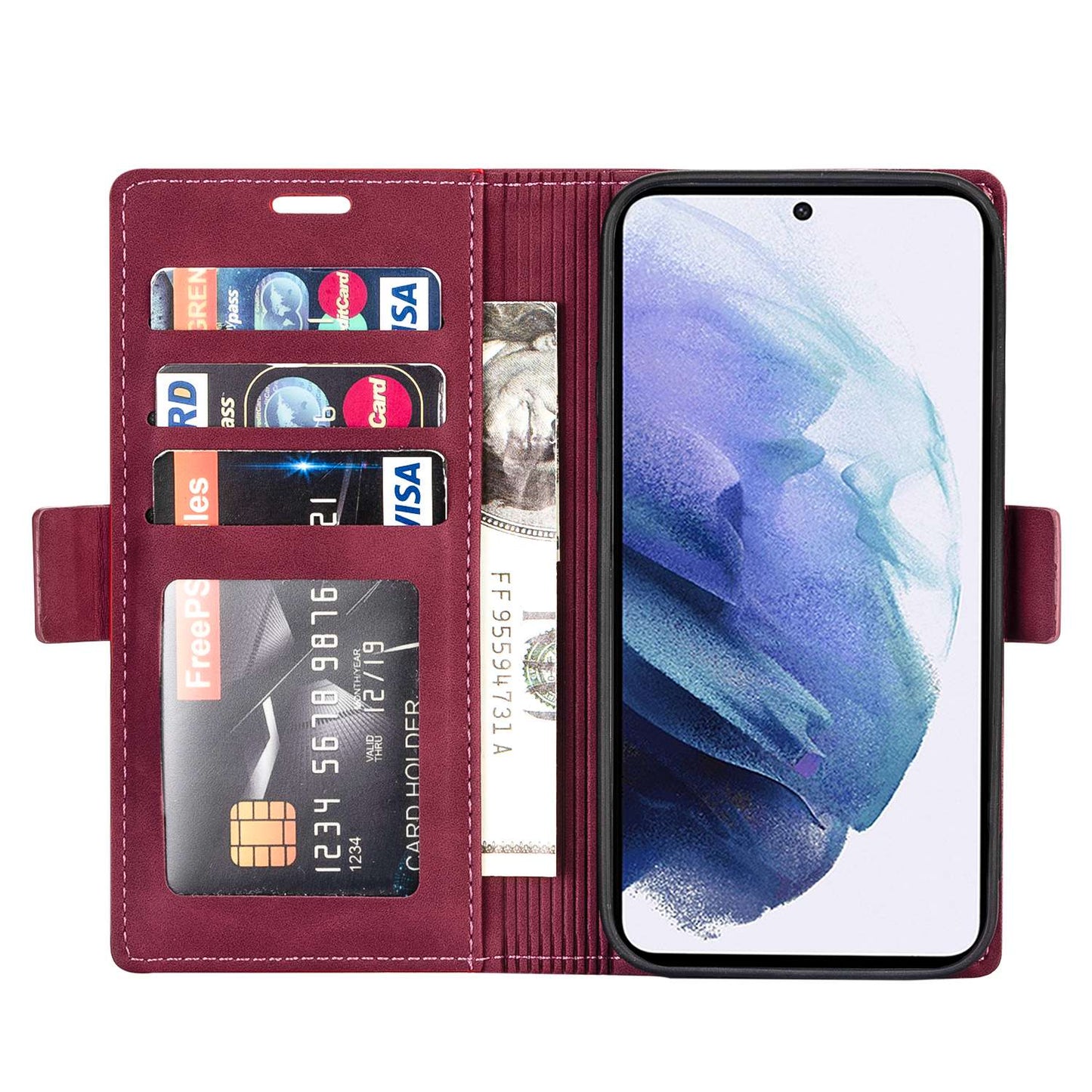 N.BEKUS For Samsung Galaxy S24+ Leather Case Solid Color Phone Cover - Wine Red