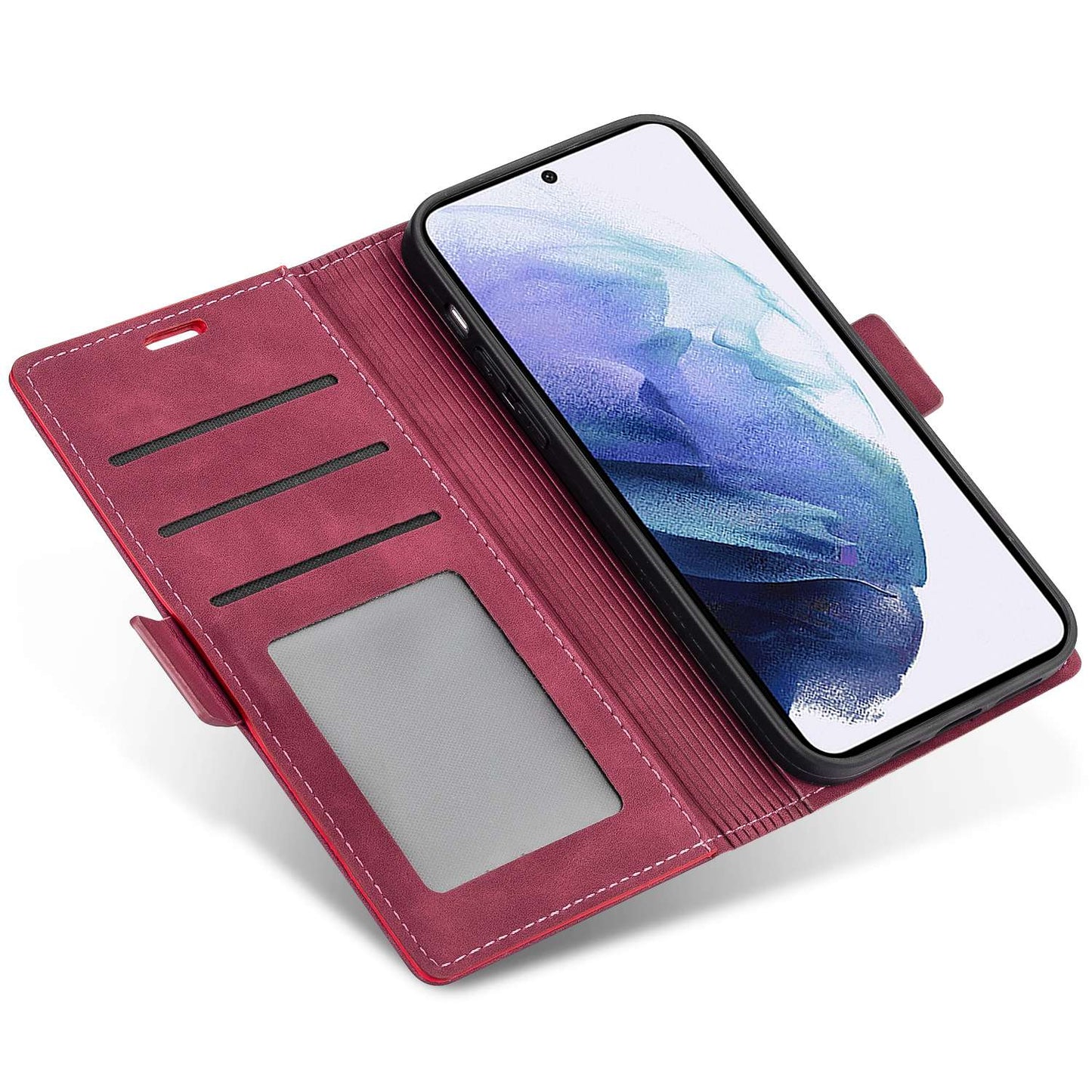 N.BEKUS For Samsung Galaxy S24+ Leather Case Solid Color Phone Cover - Wine Red