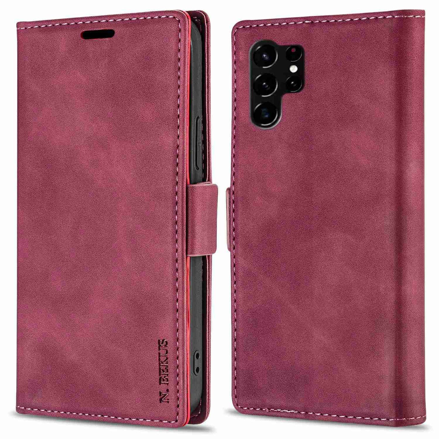 N.BEKUS For Samsung Galaxy S24 Ultra Case Dual Magnetic Clasp Leather Wallet Cover - Wine Red