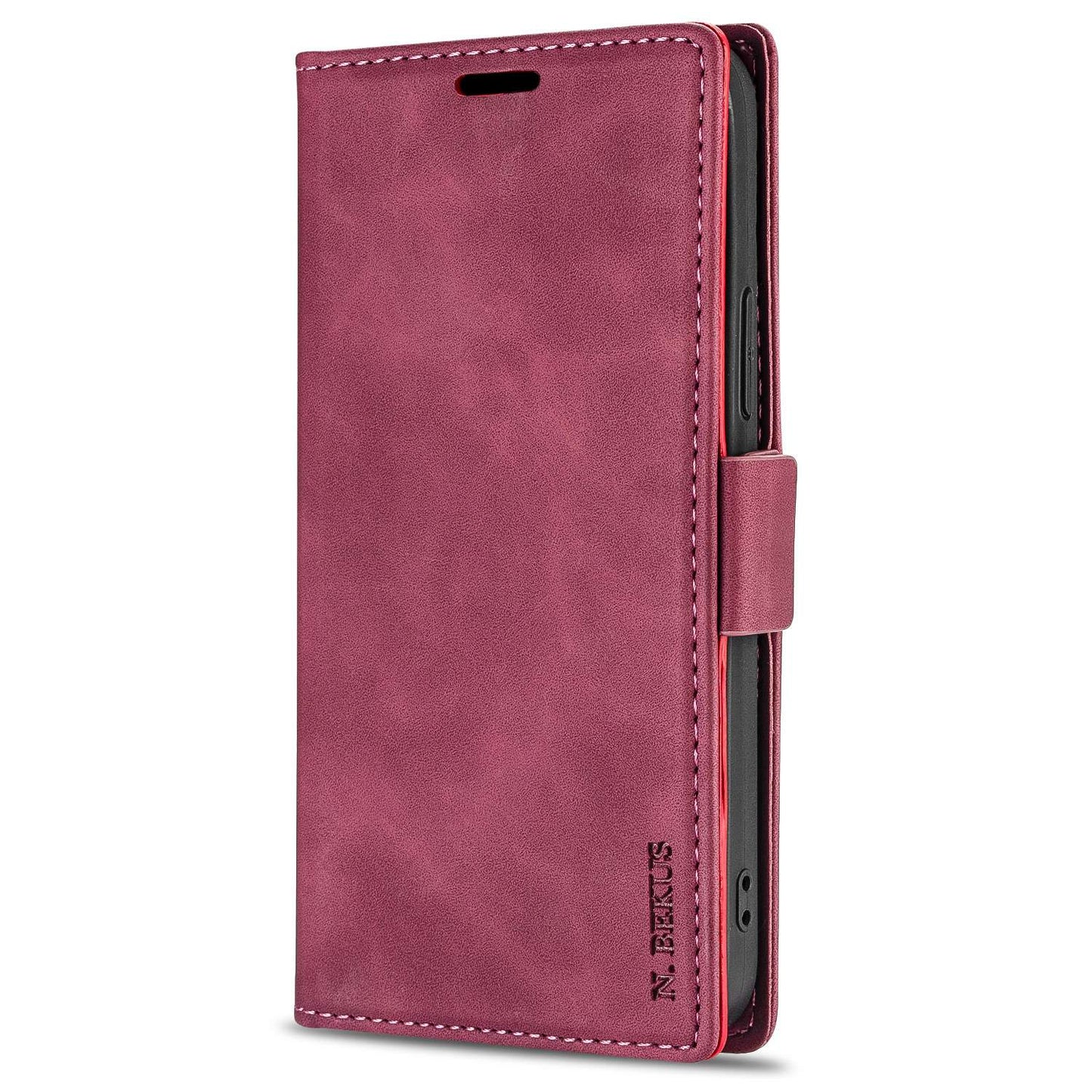 N.BEKUS For Samsung Galaxy S24 Ultra Case Dual Magnetic Clasp Leather Wallet Cover - Wine Red