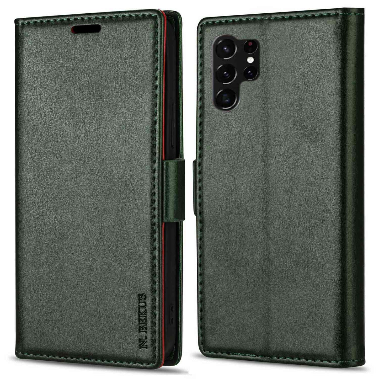 N.BEKUS For Samsung Galaxy S24 Ultra Case Dual Magnetic Clasp Leather Wallet Cover - Green