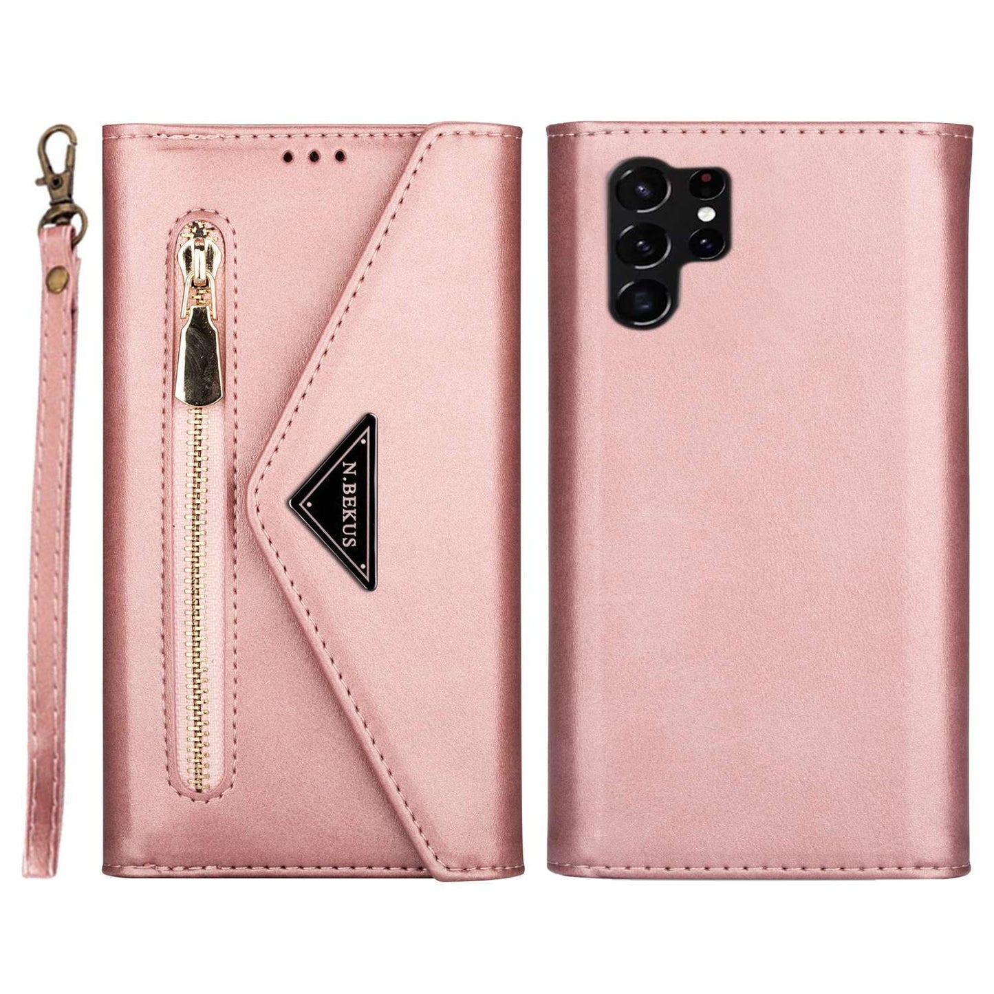 N.BEKUS For Samsung Galaxy S24 Ultra Wallet Cell Phone Cases with Short + Long Strap - Rose Gold