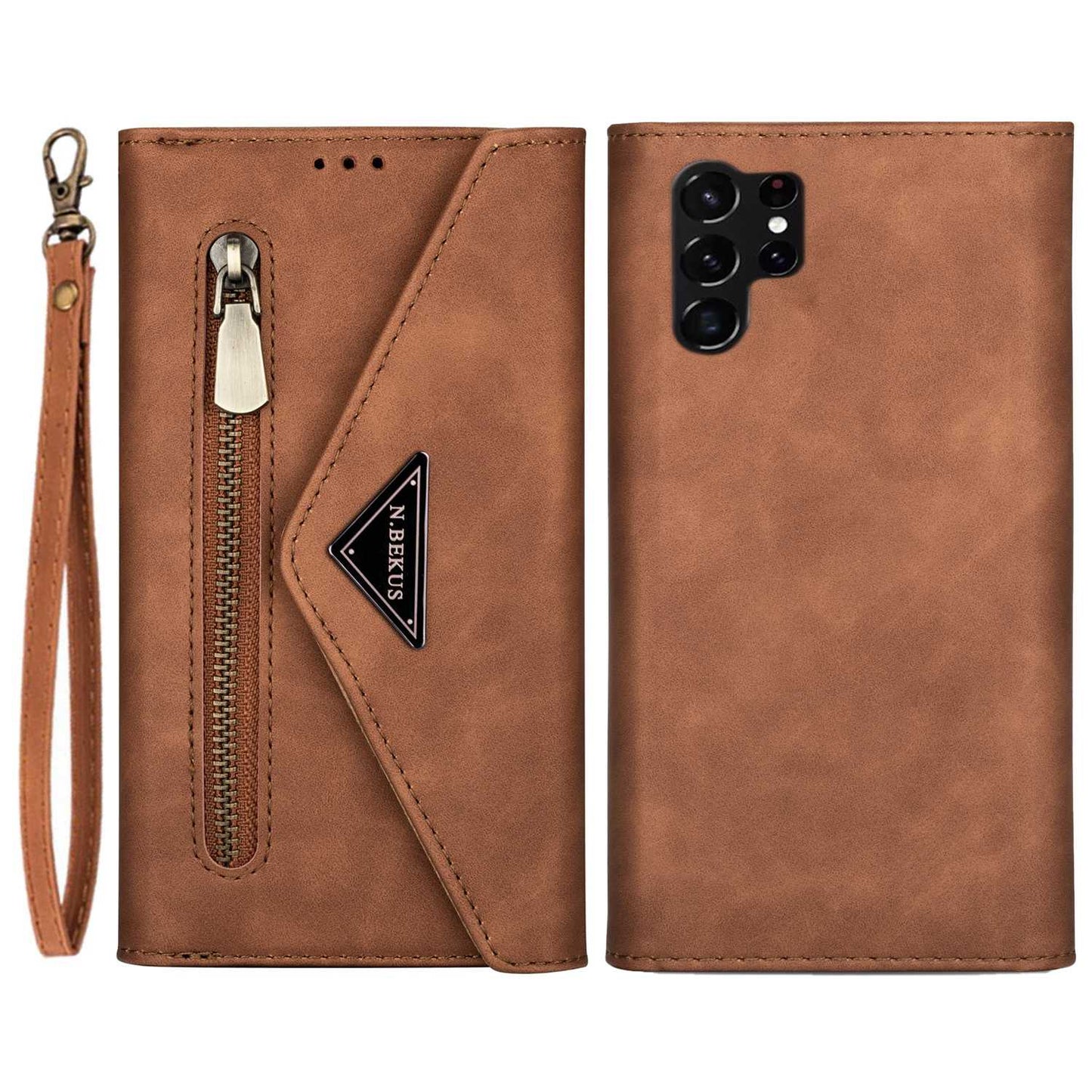 N.BEKUS For Samsung Galaxy S24 Ultra Wallet Cell Phone Cases with Short + Long Strap - Brown