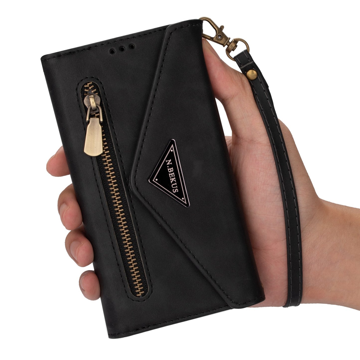 N.BEKUS For Samsung Galaxy S24 Skin-touch Wallet Cell Phone Cases with Short + Long Strap - Black