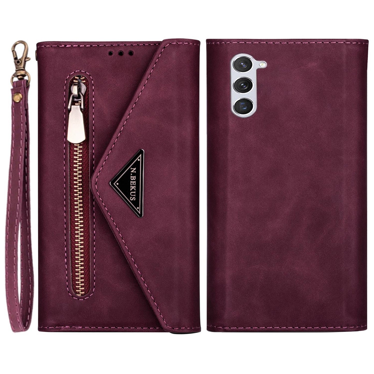 N.BEKUS For Samsung Galaxy S24 Skin-touch Wallet Cell Phone Cases with Short + Long Strap - Wine Red