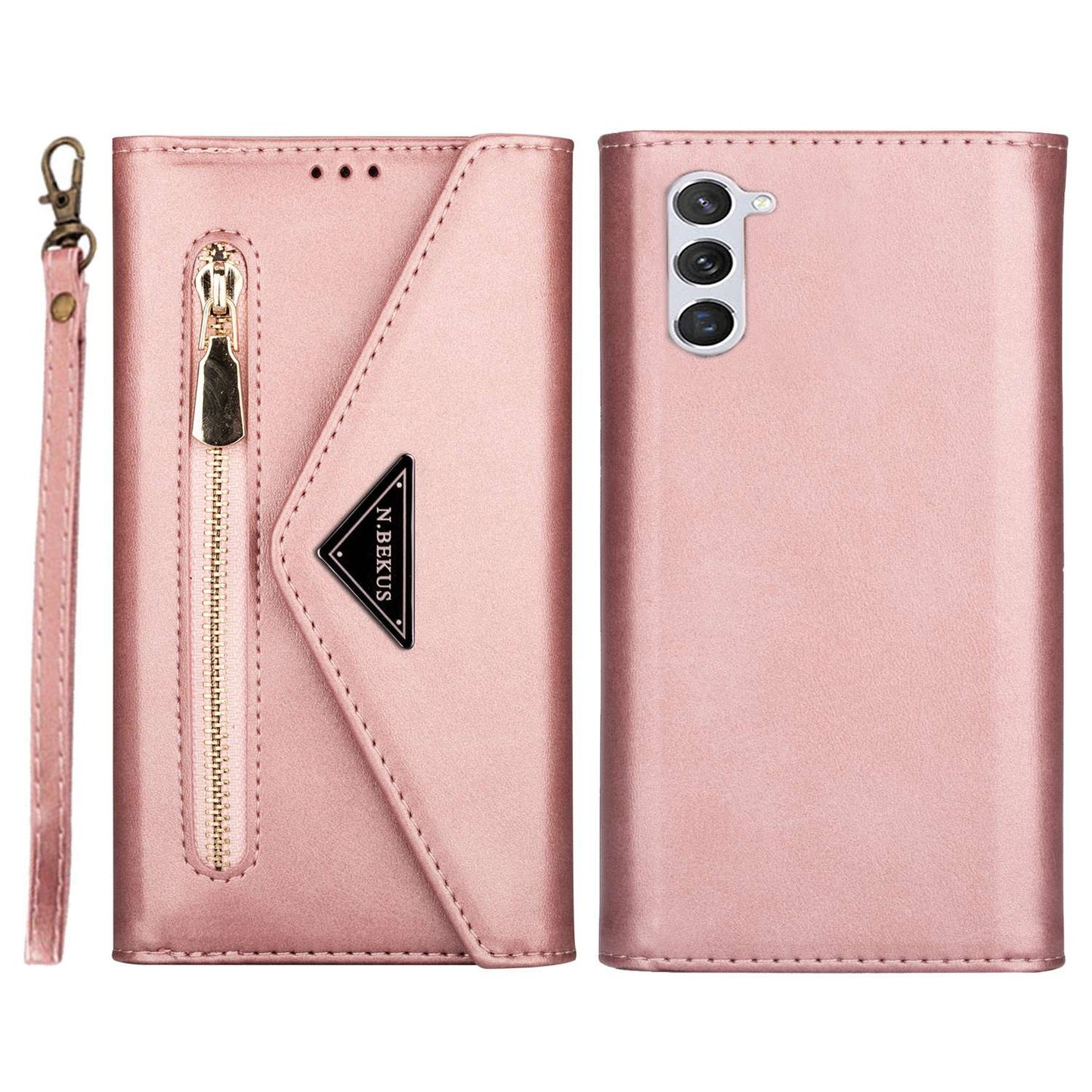 N.BEKUS For Samsung Galaxy S24 Skin-touch Wallet Cell Phone Cases with Short + Long Strap - Rose Gold