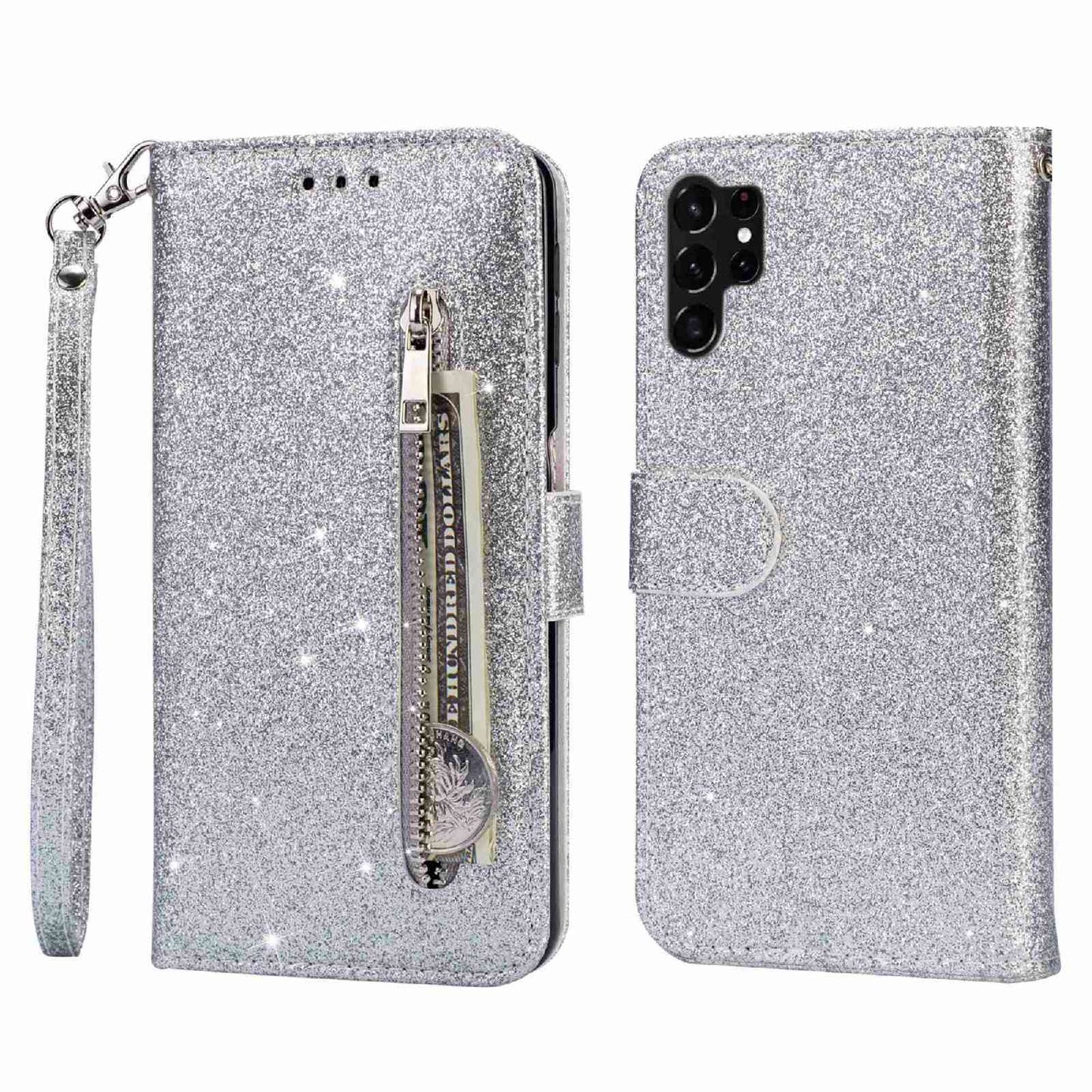 For Samsung Galaxy S24 Ultra Leather Case Zipper Pocket Glittery Phone Stand Cover - Silver