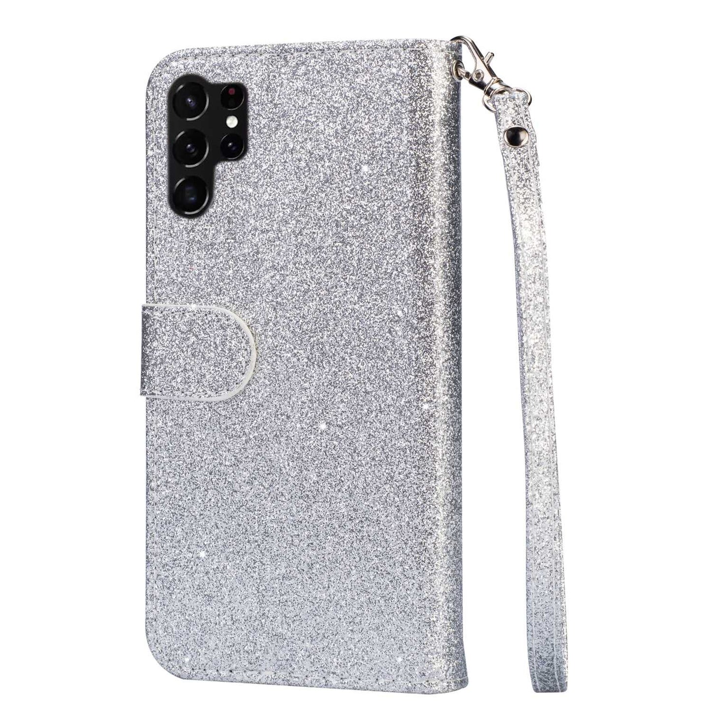 For Samsung Galaxy S24 Ultra Leather Case Zipper Pocket Glittery Phone Stand Cover - Silver
