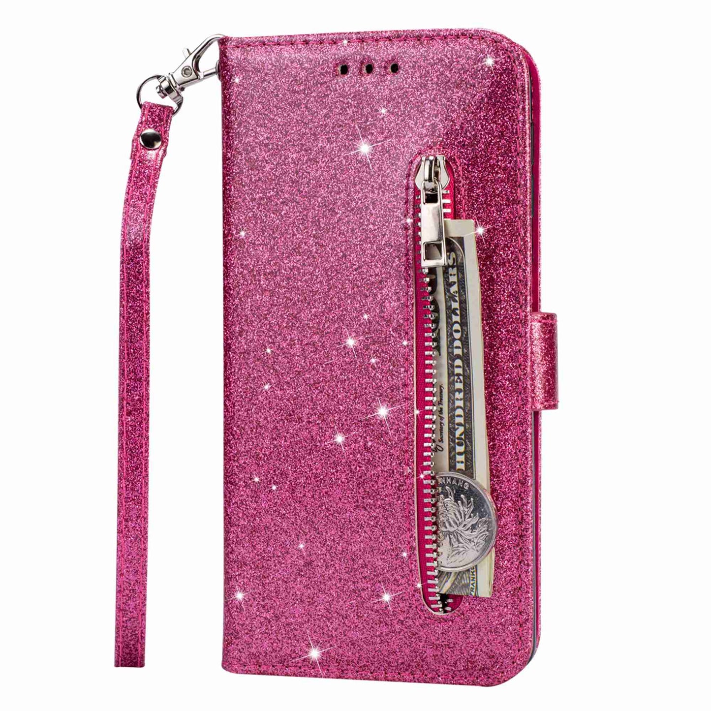 For Samsung Galaxy S24 Ultra Leather Case Zipper Pocket Glittery Phone Stand Cover - Rose