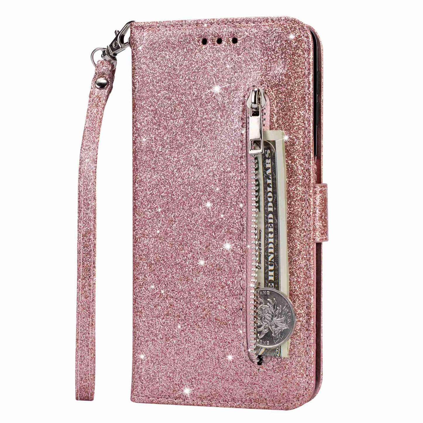 For Samsung Galaxy S24 Ultra Leather Case Zipper Pocket Glittery Phone Stand Cover - Rose Gold