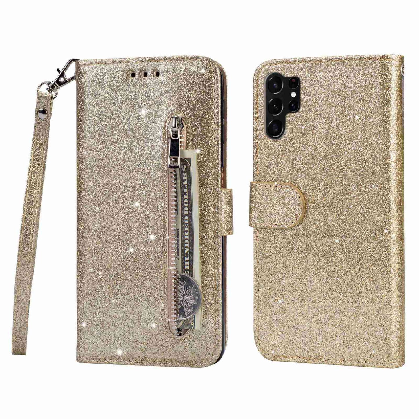 For Samsung Galaxy S24 Ultra Leather Case Zipper Pocket Glittery Phone Stand Cover - Gold