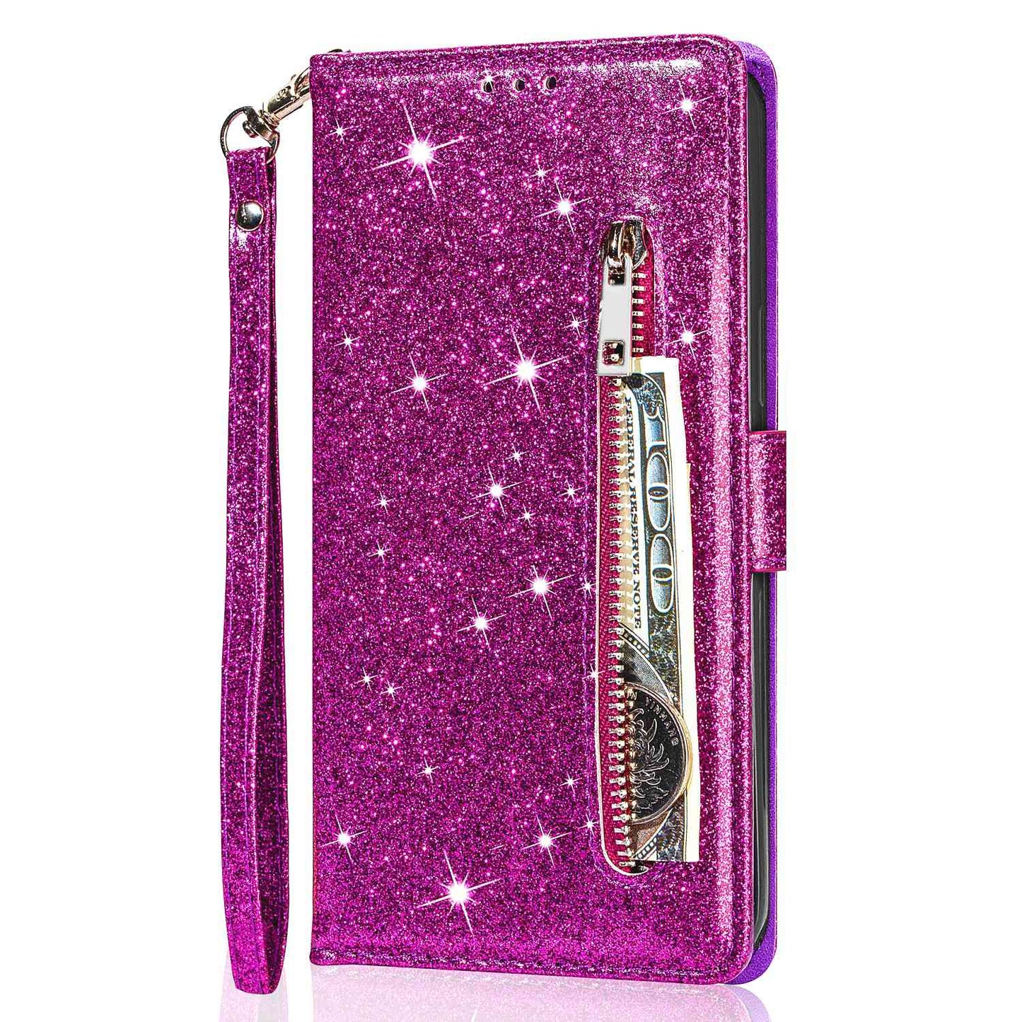 For Samsung Galaxy S24 Ultra Leather Case Zipper Pocket Glittery Phone Stand Cover - Purple