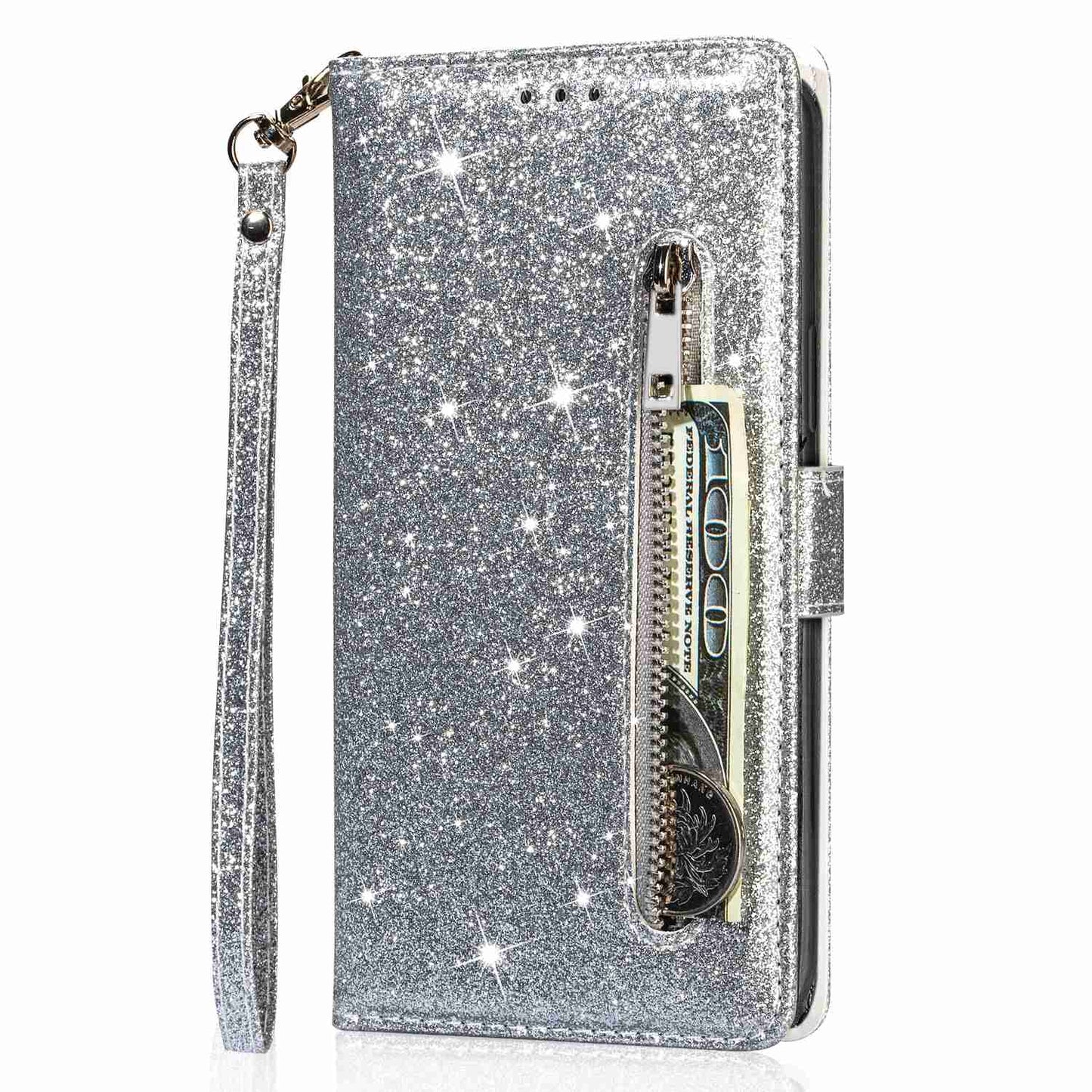 For Samsung Galaxy S24 Case Glittery Phone Wallet Cover with Zipper Pocket - Silver