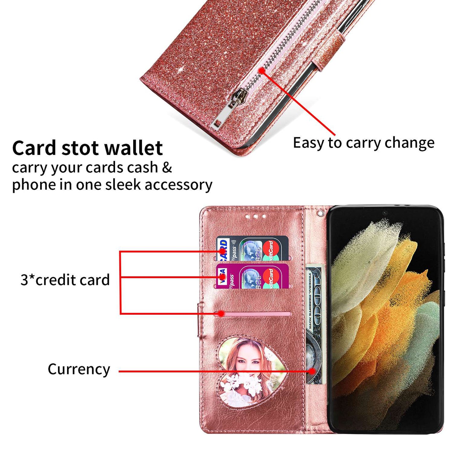 For Samsung Galaxy S24 Case Glittery Phone Wallet Cover with Zipper Pocket - Rose Gold