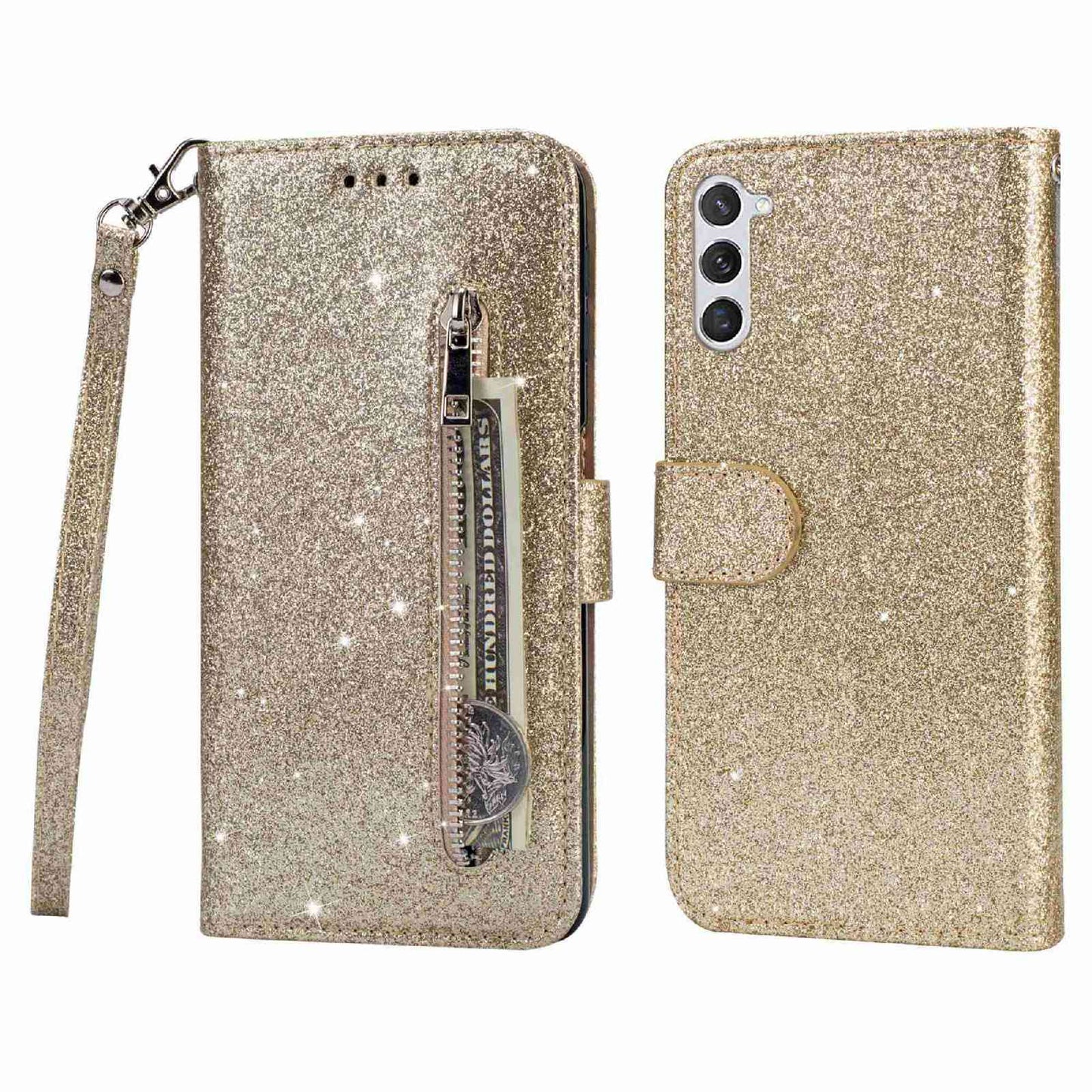 For Samsung Galaxy S24 Case Glittery Phone Wallet Cover with Zipper Pocket - Gold