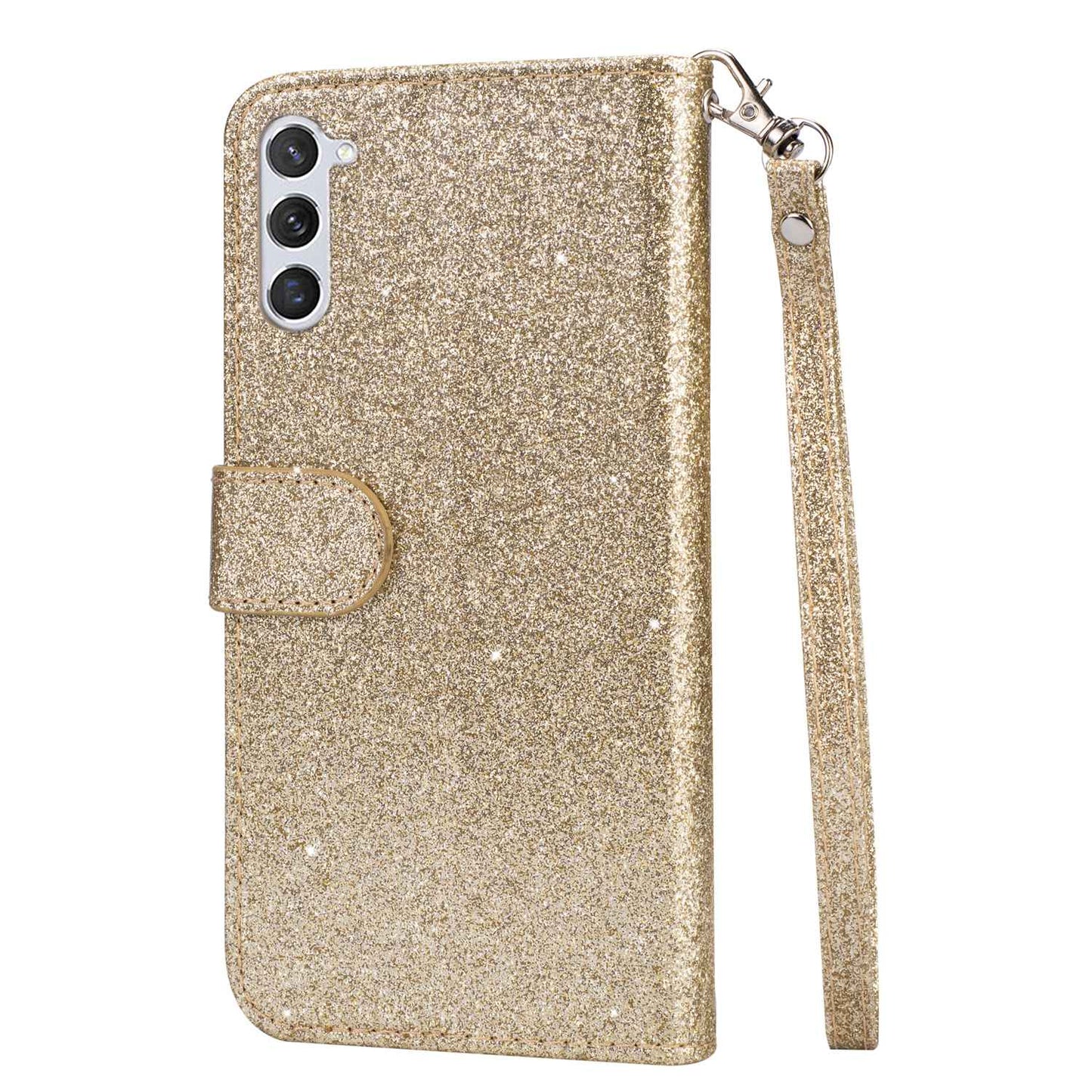 For Samsung Galaxy S24 Case Glittery Phone Wallet Cover with Zipper Pocket - Gold