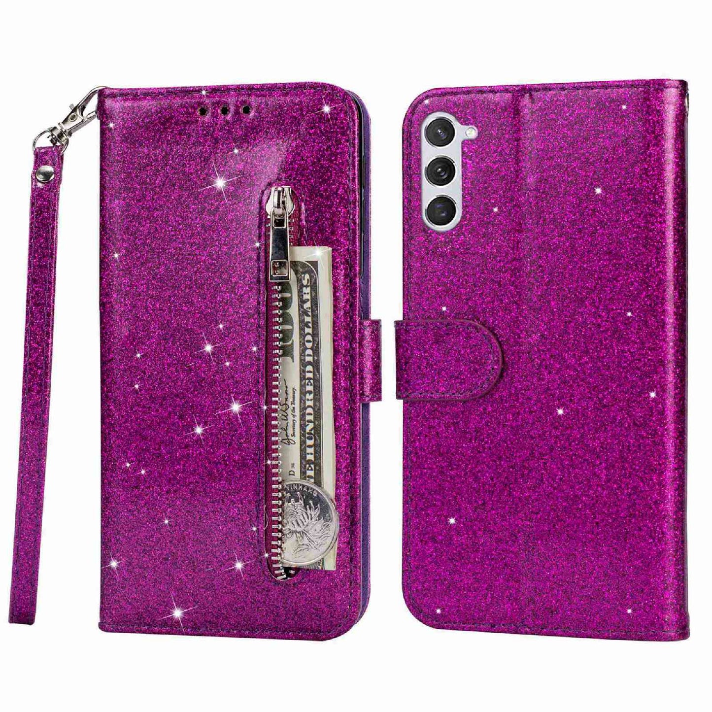 For Samsung Galaxy S24 Case Glittery Phone Wallet Cover with Zipper Pocket - Purple