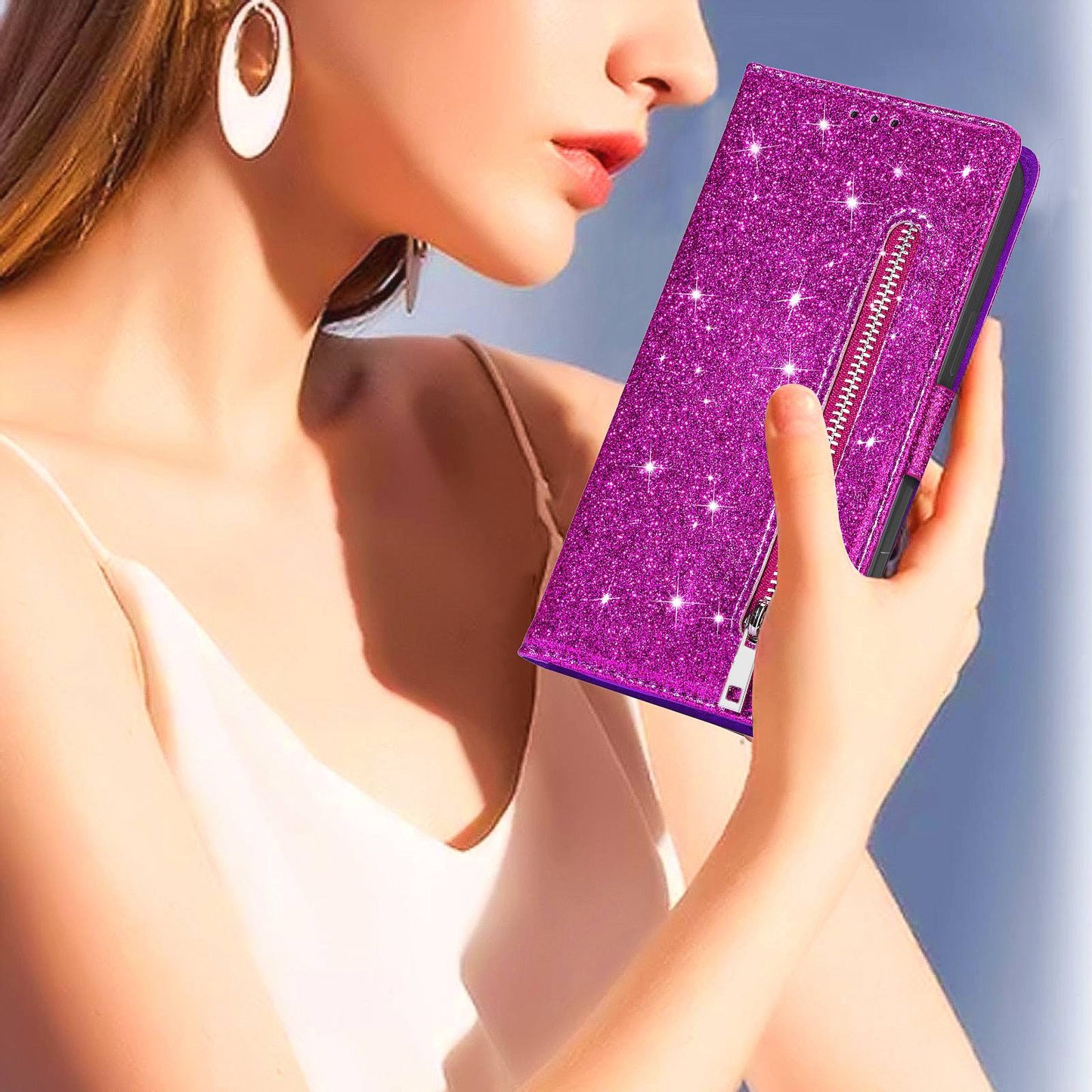 For Samsung Galaxy S24 Case Glittery Phone Wallet Cover with Zipper Pocket - Purple
