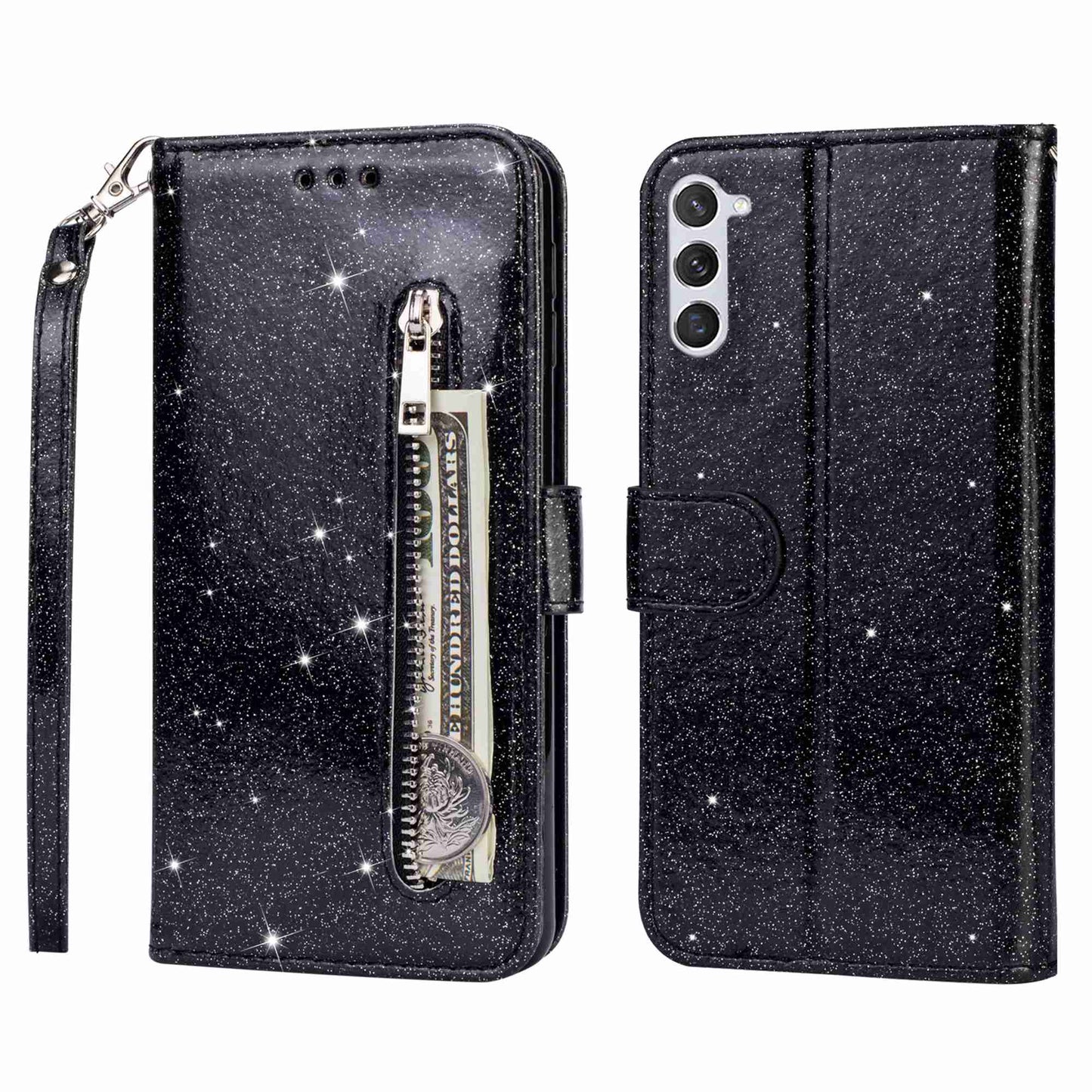 For Samsung Galaxy S24+ Case Zipper Pocket Glittery Leather Phone Cover - Black