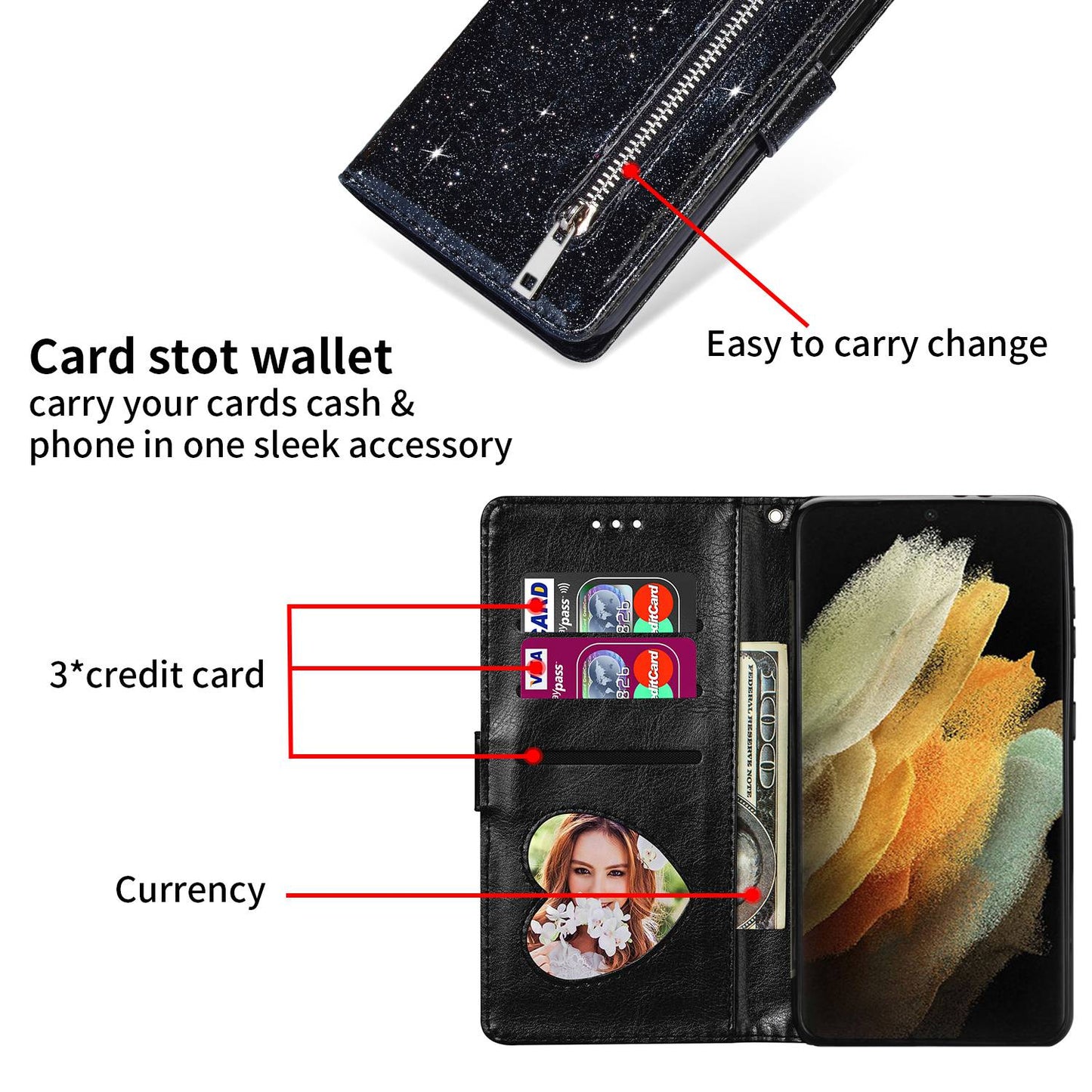 For Samsung Galaxy S24+ Case Zipper Pocket Glittery Leather Phone Cover - Black