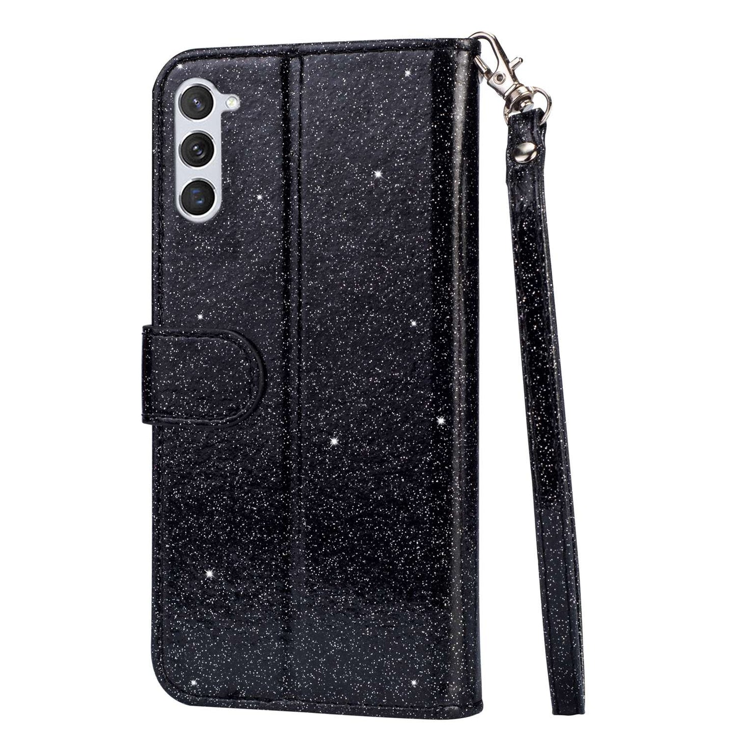 For Samsung Galaxy S24+ Case Zipper Pocket Glittery Leather Phone Cover - Black