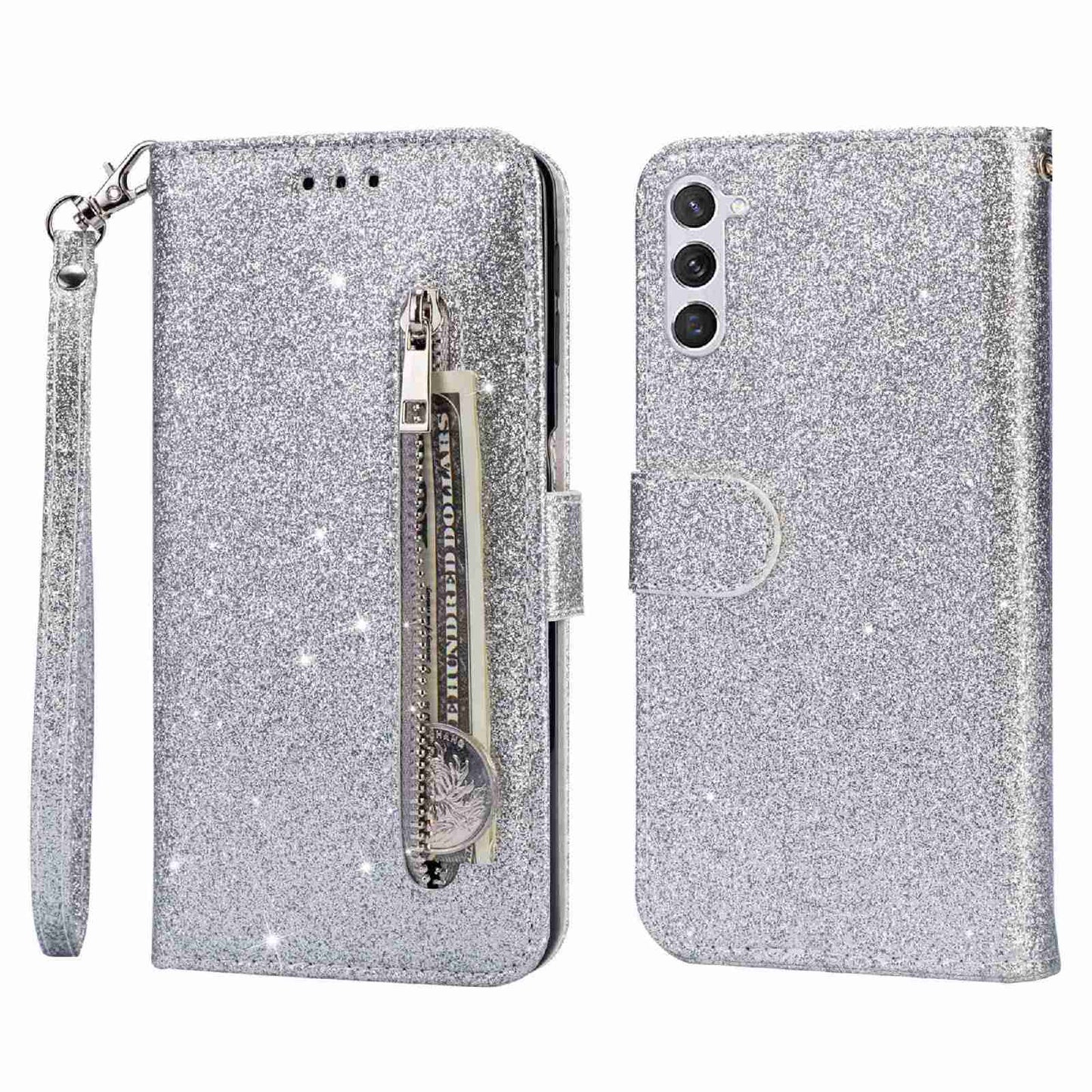 For Samsung Galaxy S24+ Case Zipper Pocket Glittery Leather Phone Cover - Silver