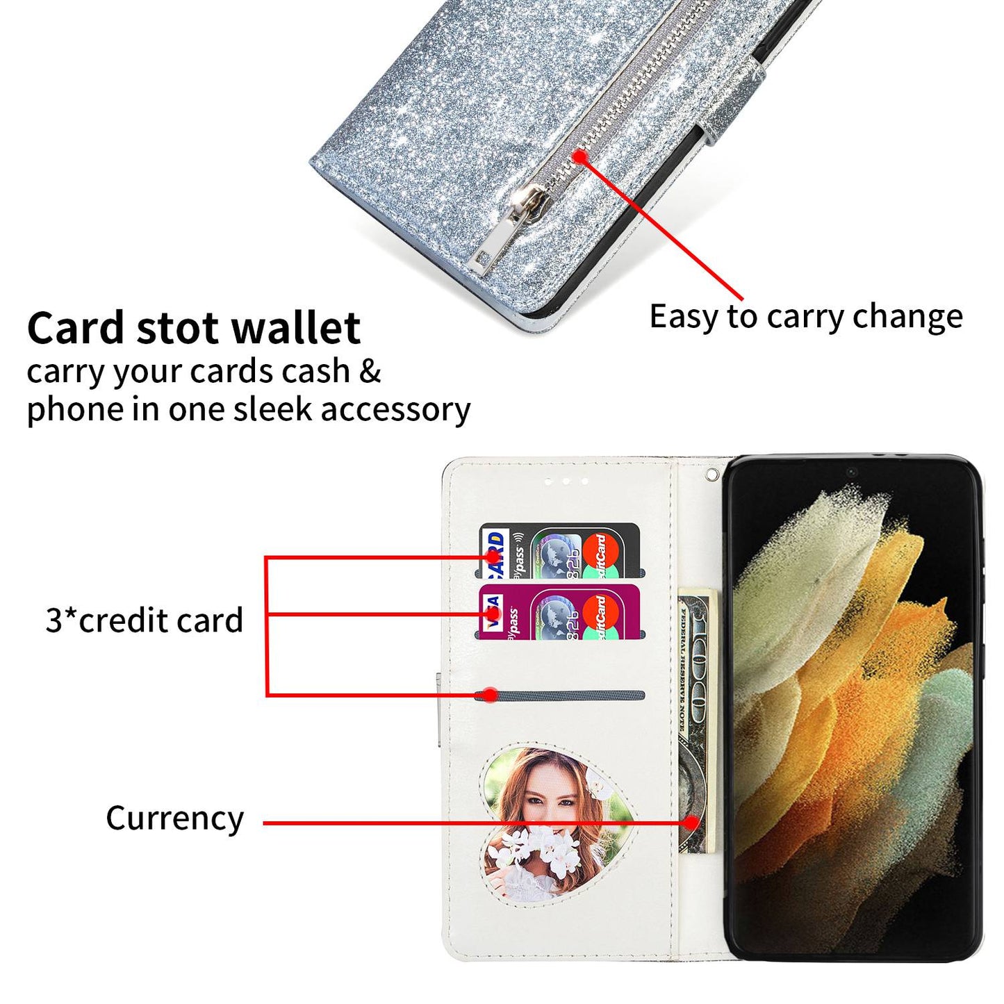 For Samsung Galaxy S24+ Case Zipper Pocket Glittery Leather Phone Cover - Silver