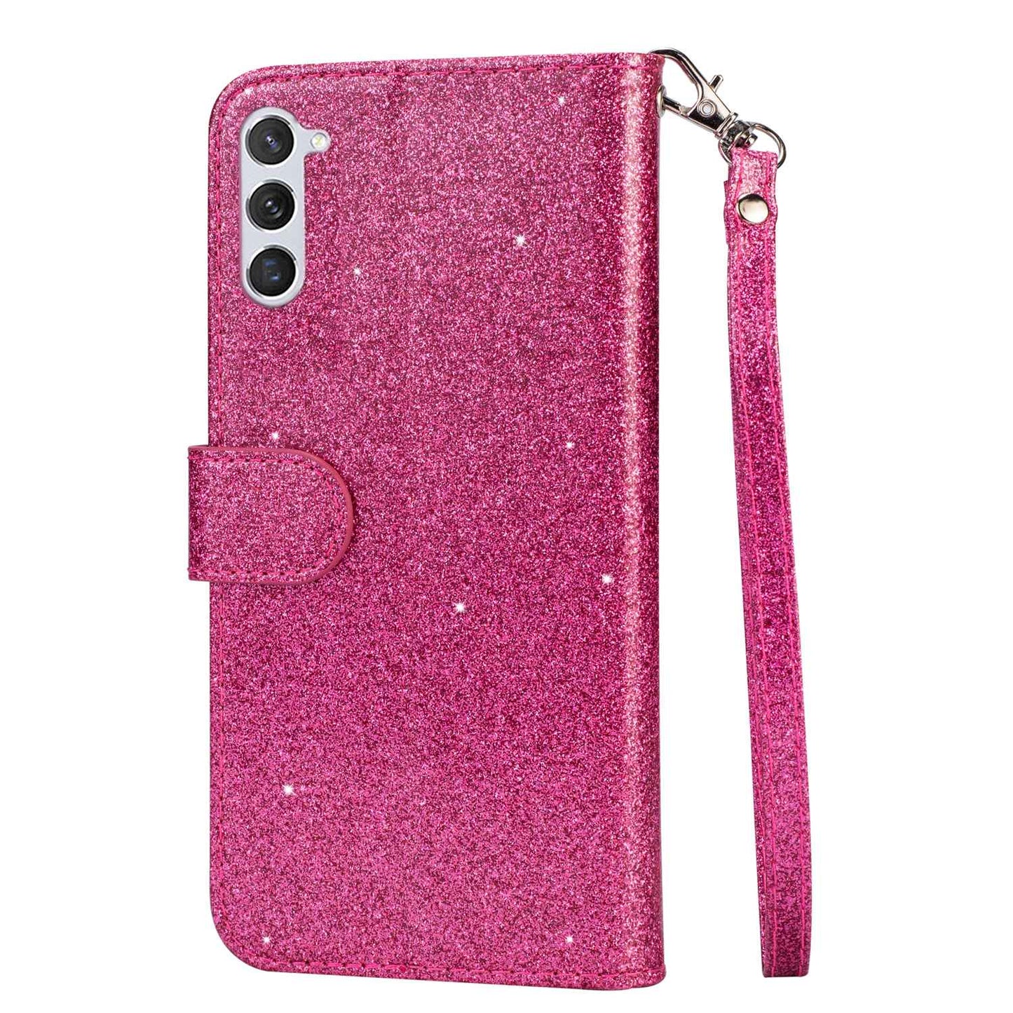 For Samsung Galaxy S24+ Case Zipper Pocket Glittery Leather Phone Cover - Rose