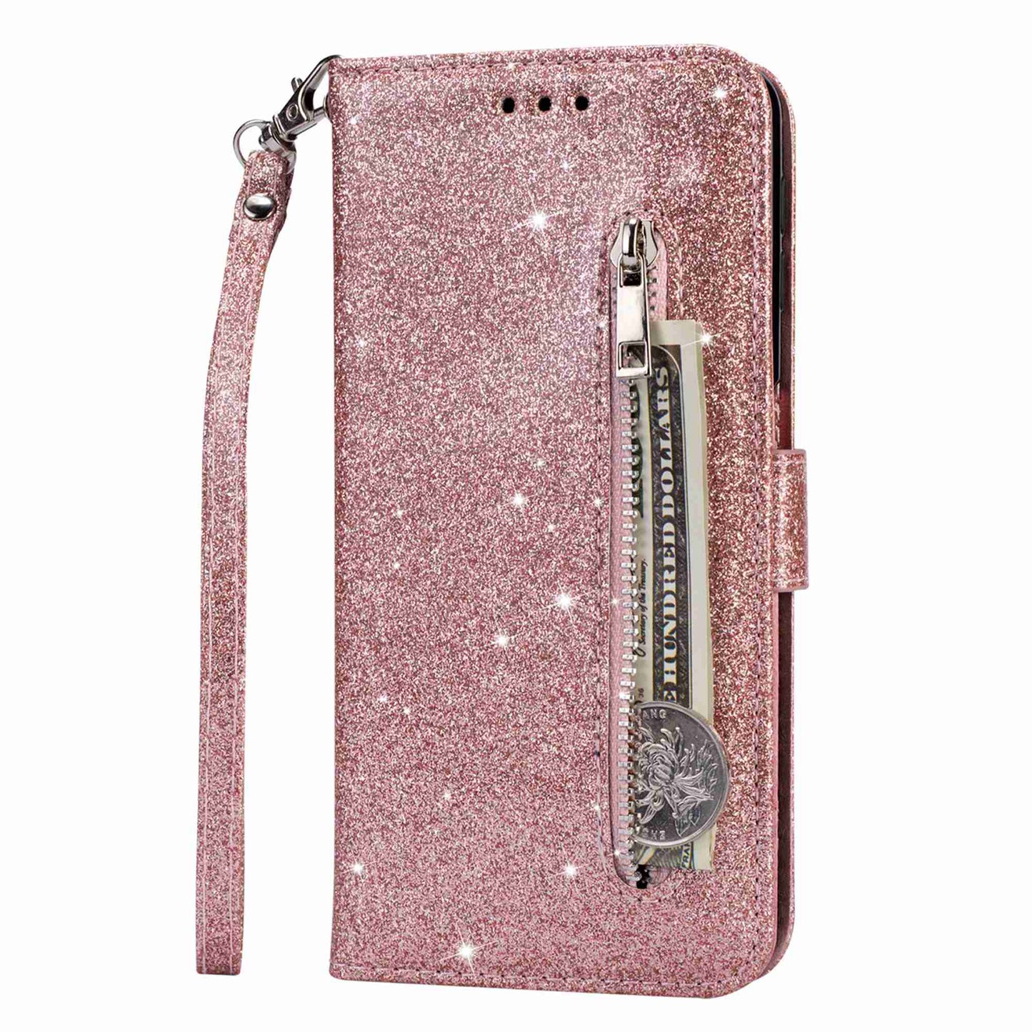 For Samsung Galaxy S24+ Case Zipper Pocket Glittery Leather Phone Cover - Rose Gold