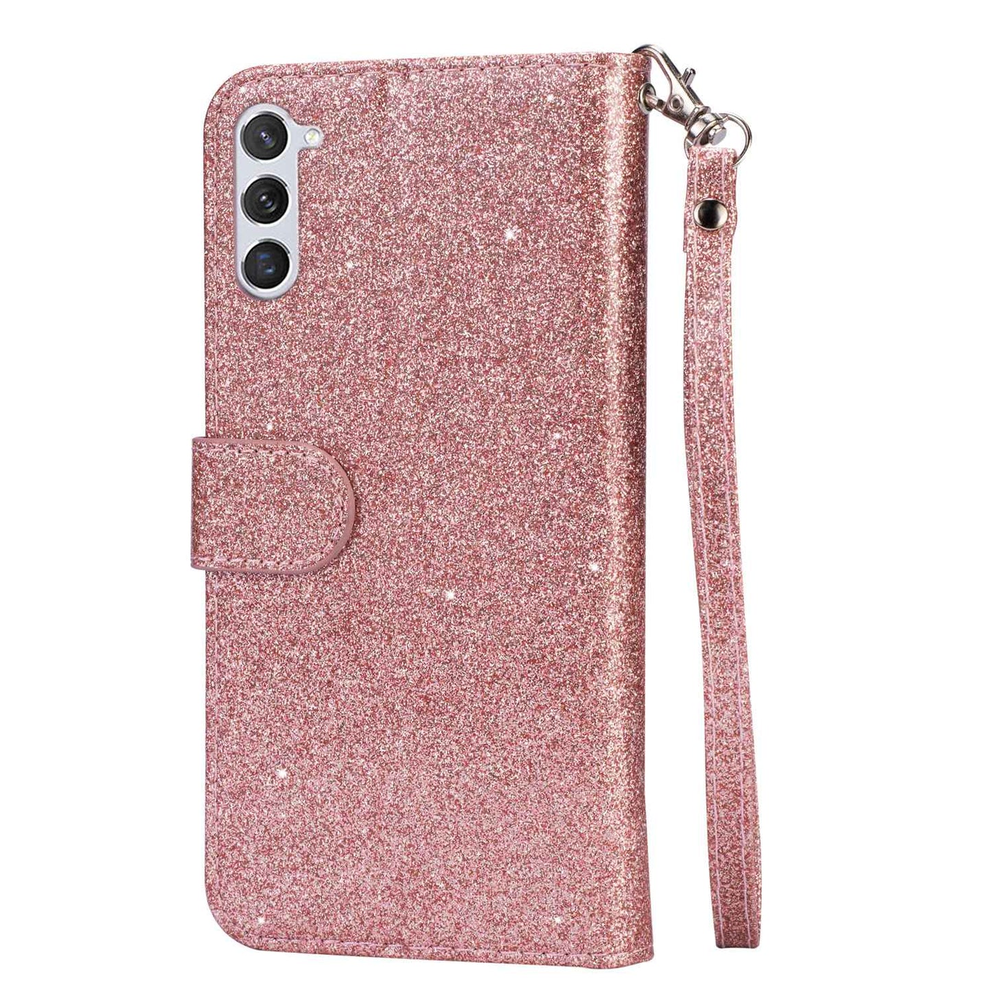 For Samsung Galaxy S24+ Case Zipper Pocket Glittery Leather Phone Cover - Rose Gold